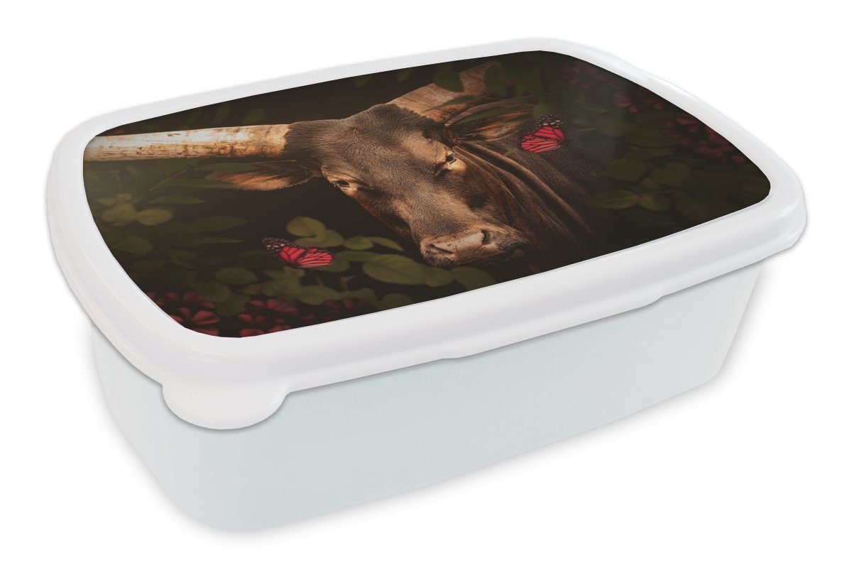 MuchoWow Lunchbox Dschungel - Kuh - Schmetterling - Pflanzen, Kunststoff, (2-tlg), Brotbox für Kinder und Erwachsene, Brotdose, für Jungs und Mädchen weiß