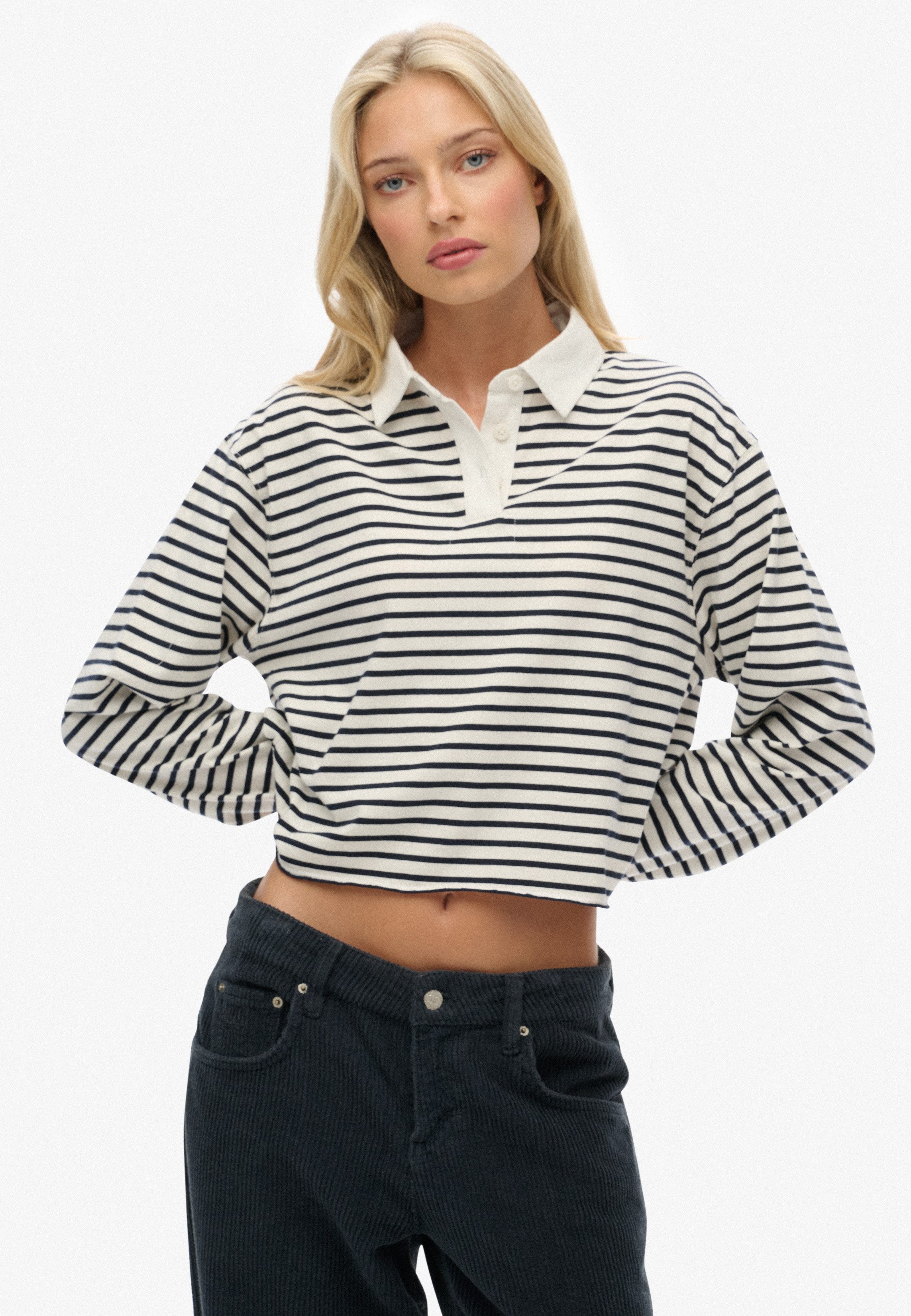 Superdry Damen Athletic Essentials Gestreiftes Rugby-oberteil in Cropped-länge Pink - Größe: 36