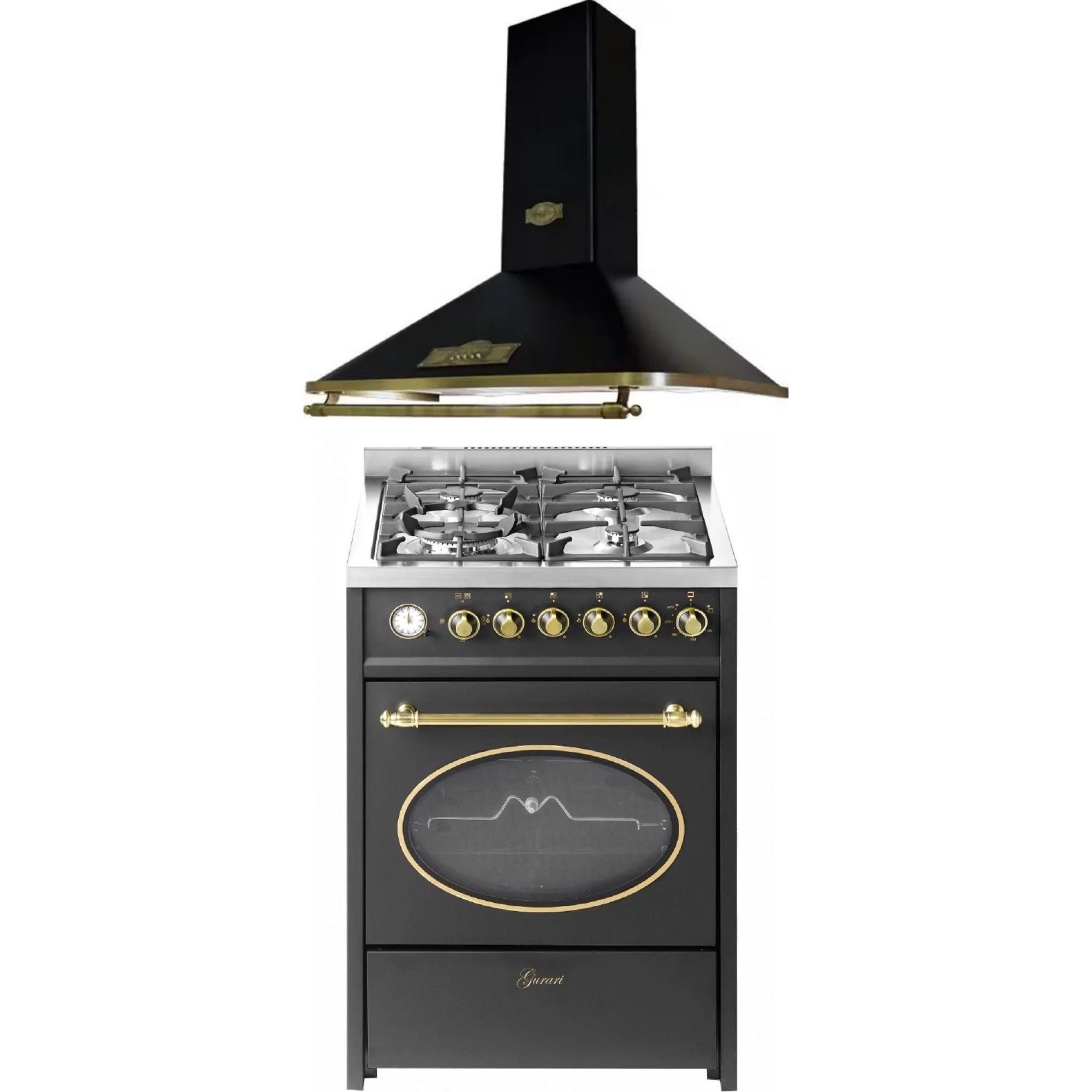 GURARI Gas-Standherd 60 cm Erdgas Fl.Gas 4 Kw WOK Gasgrill/55 L+Dunstabzugshaube 60 cm 910 m³/h 3 Stufen Abluft Umluft GCH G 614 BR+A 6315 Em ECO., mit 1-fach-Teleskopauszug, Gas Standherd 60 cm+ Dunstabzugshaube 60 cm