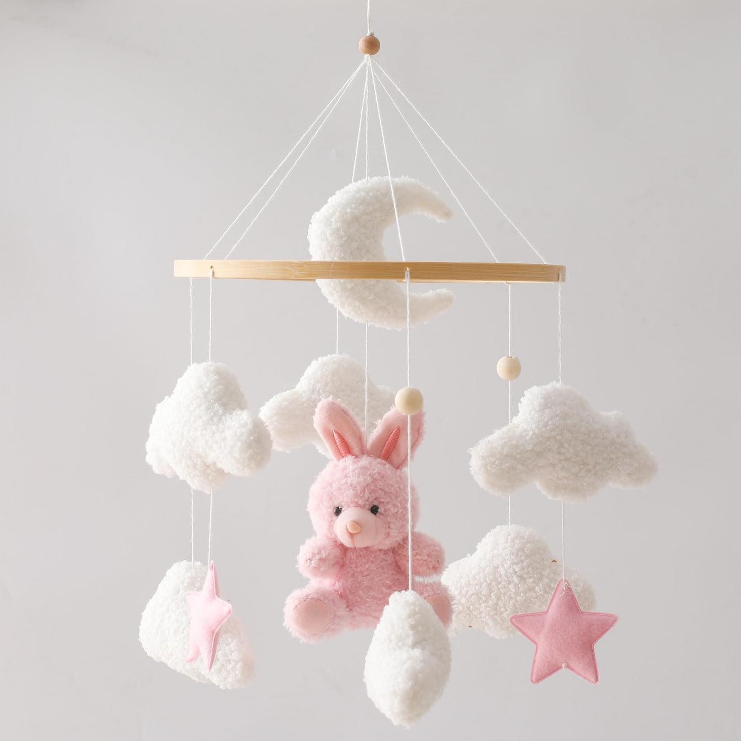 LuxusKollektion Mobile Mobile Babybett Halterung Holz Spieluhr Wolken Mond Rosa