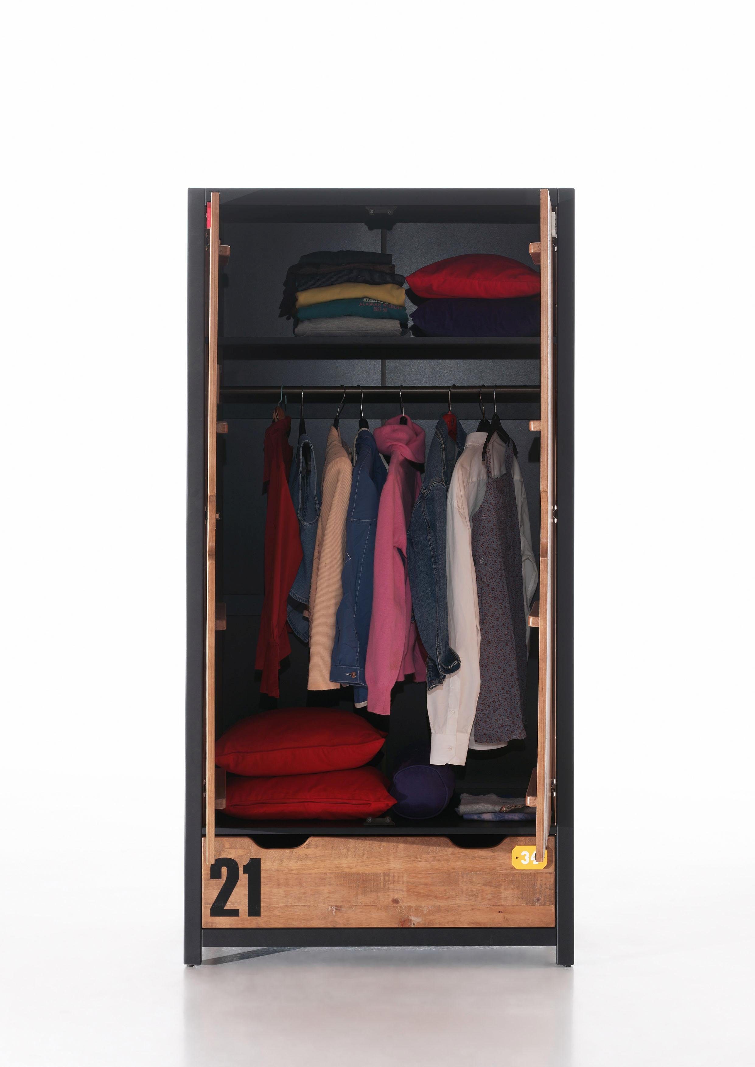 Vipack Kleiderschrank Alex, Fronten massiv Kiefer in Hobel-Optik, Dekor Ziffern (H/T ca. x200x55cm, Rahmen schwarz, wahlweise 2 Breiten) inkl. Schublade/n, innen mit Kleiderstange