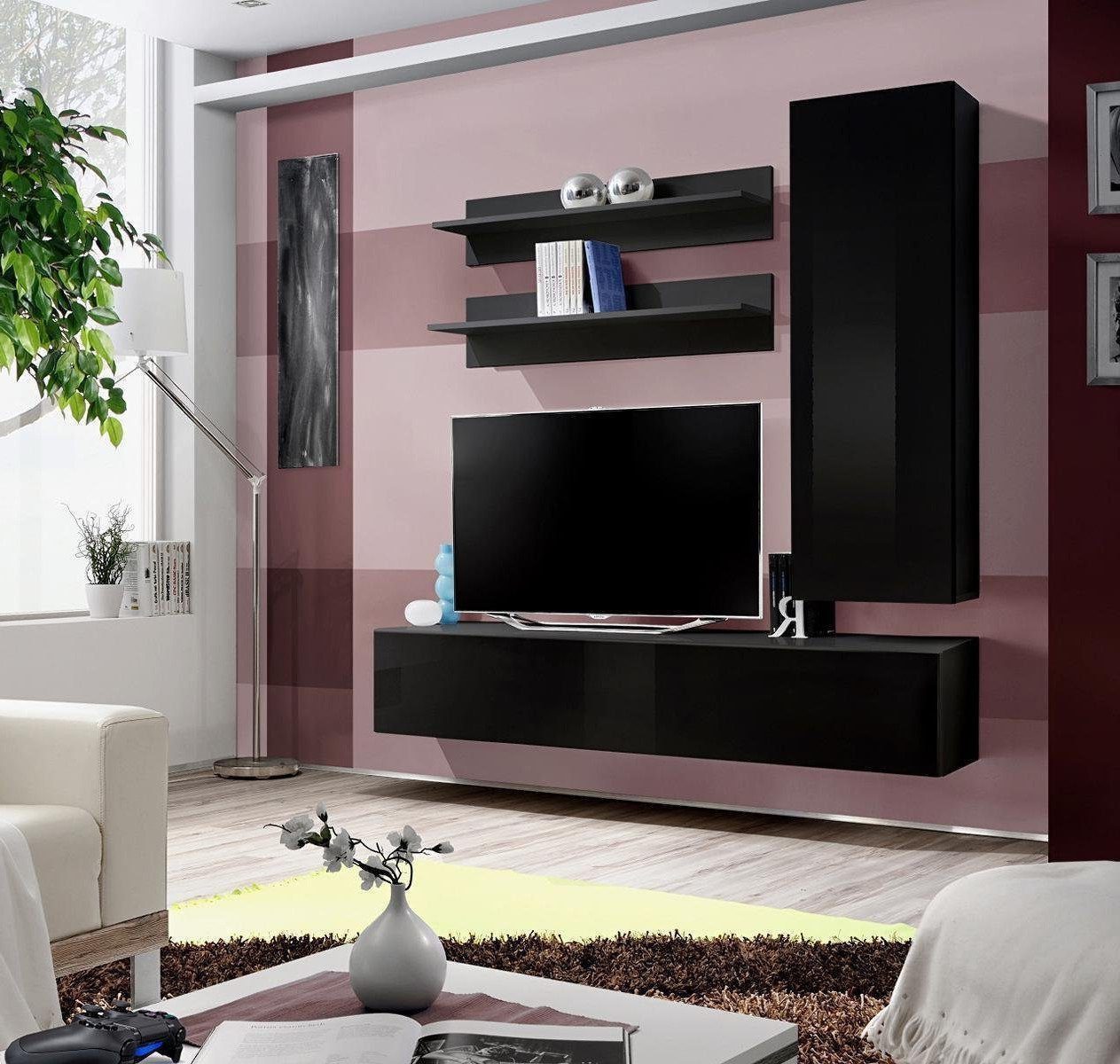 Wohnwand Elegante Wohnwand in Holzoptik mit TV-Bank und Wandschrank