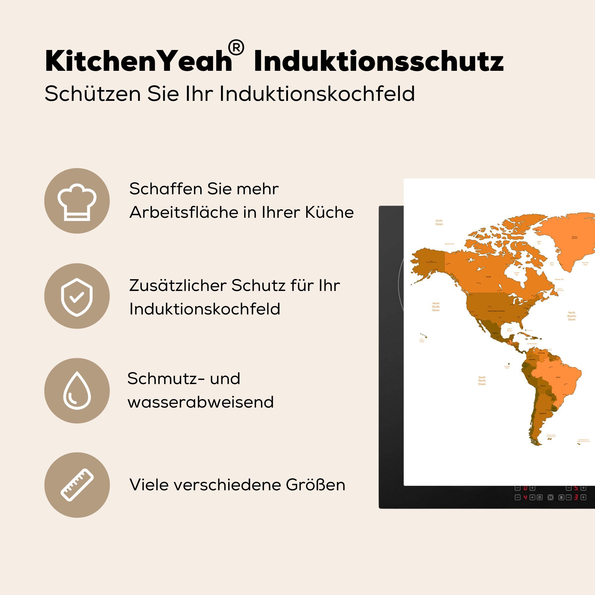 MuchoWow Herdblende-/Abdeckplatte Weltkarte die 81x52 Induktionskochfeld küche, cm, Schutz tlg), (1 Ceranfeldabdeckung Vinyl, Orange für - - Einfach