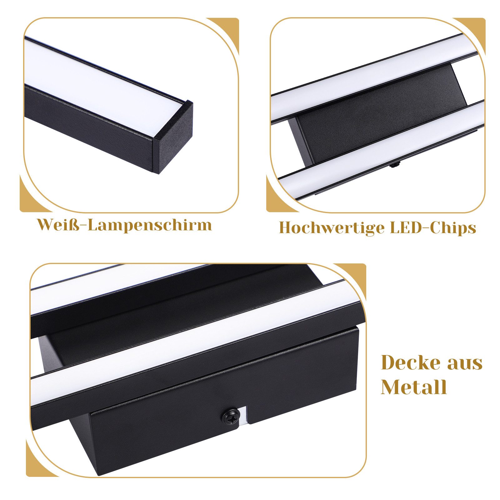 Nettlife LED Deckenleuchte Flur Wohnzimmer Schwarz modern Kristall Deckenlampe 12/24W, LED fest integriert, Warmweiß, ohne Kristalle 12W 61.5*7*4.8cm für Wohnzi – Bild 5 von 5