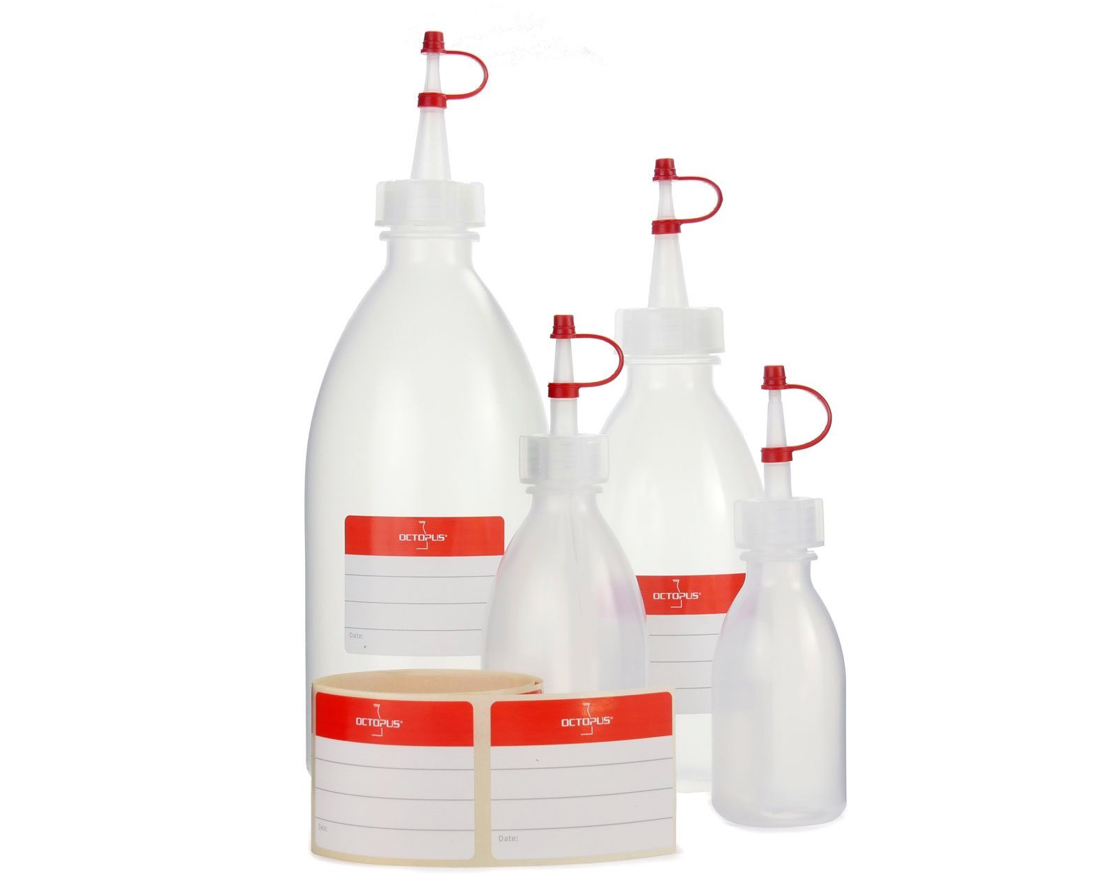 OCTOPUS Kanister 4x Plastikflaschen 50, 100, 250, 500 ml aus LDPE, natur, Tropfverschlu (4 St)