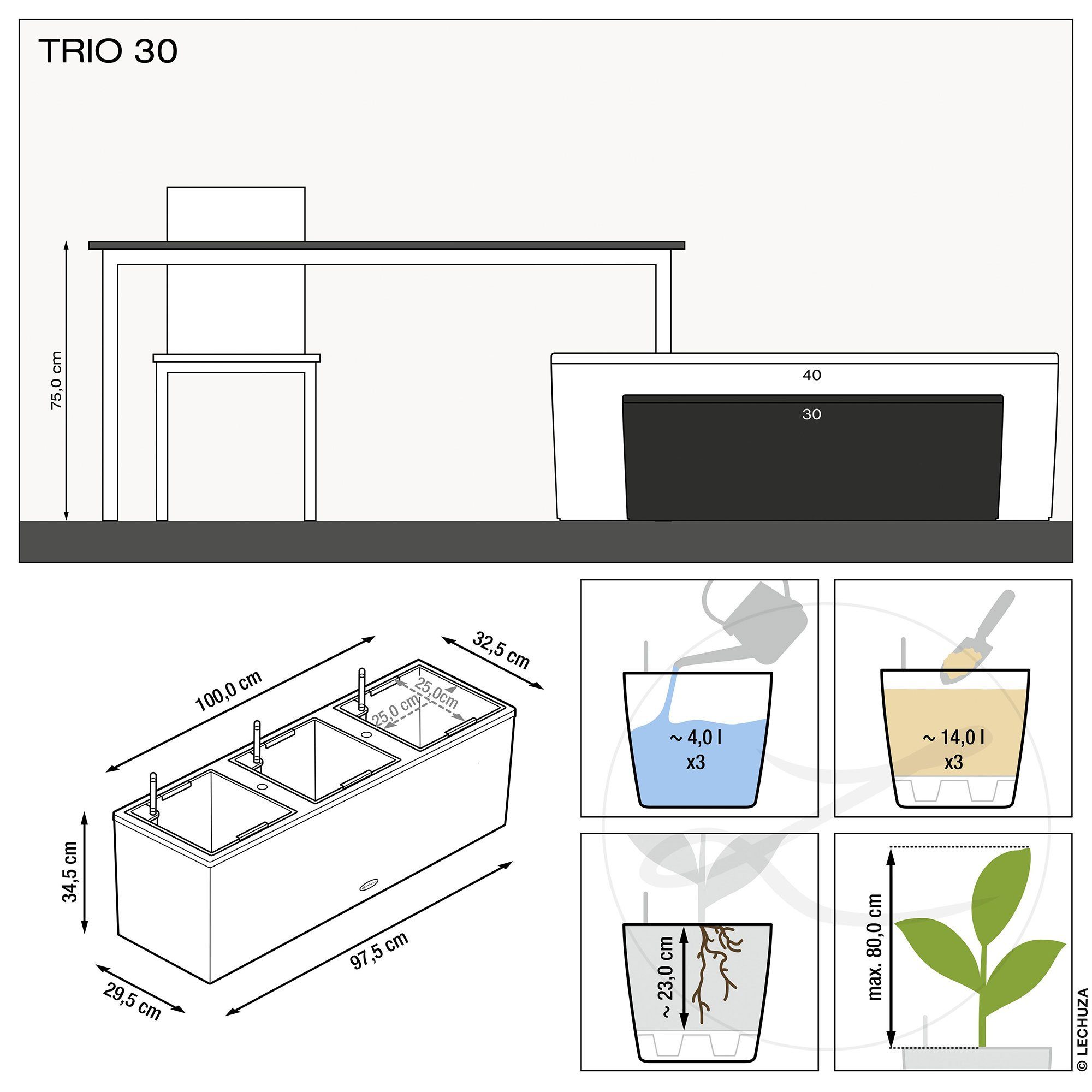 Komplettset Trio (1 - Lechuza® Pflanzkübel 30 Cottage granit, St)