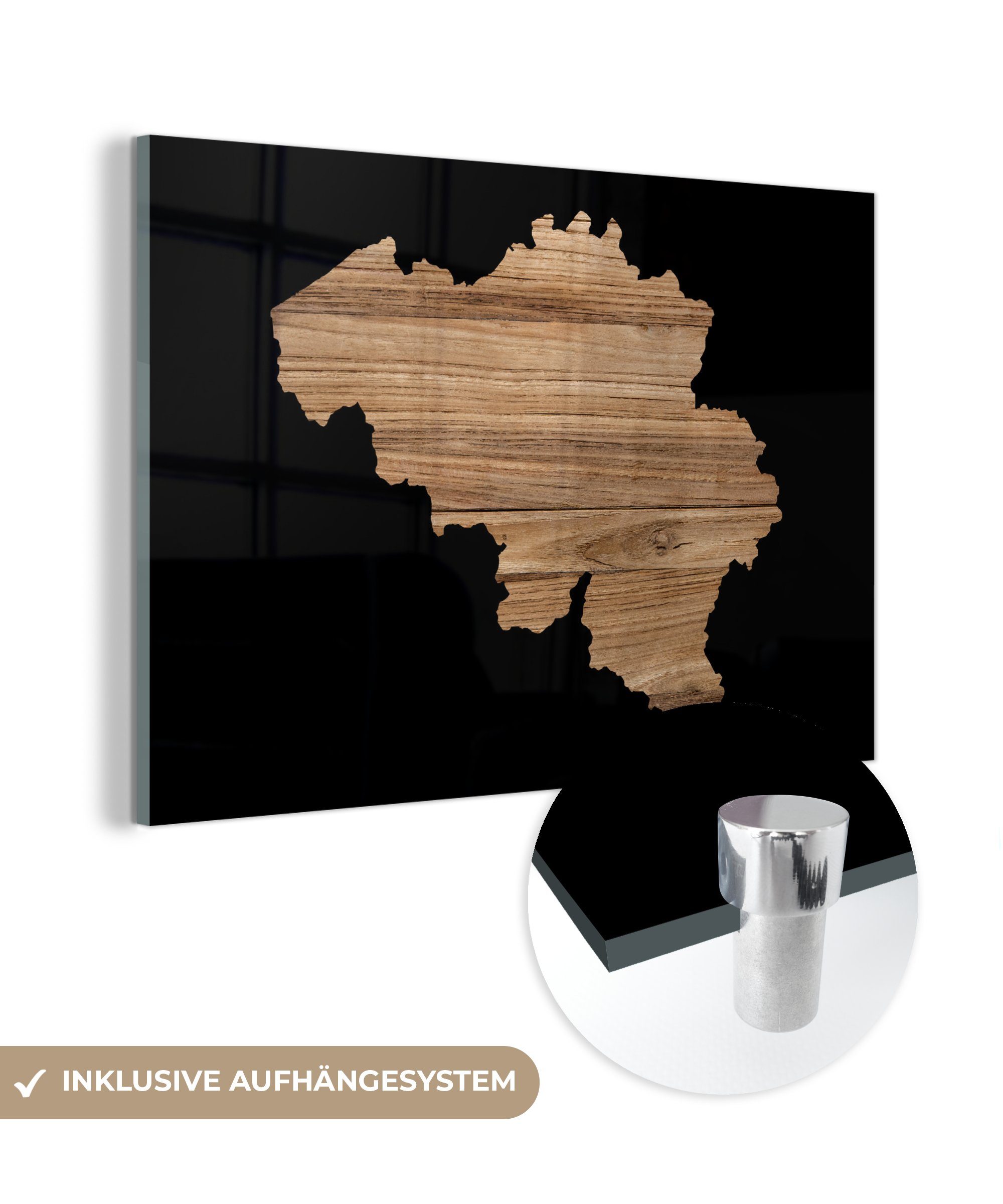 MuchoWow Acrylglasbild Karte - Belgien - Holz, (1 St), Acrylglasbilder Wohnzimmer & Schlafzimmer