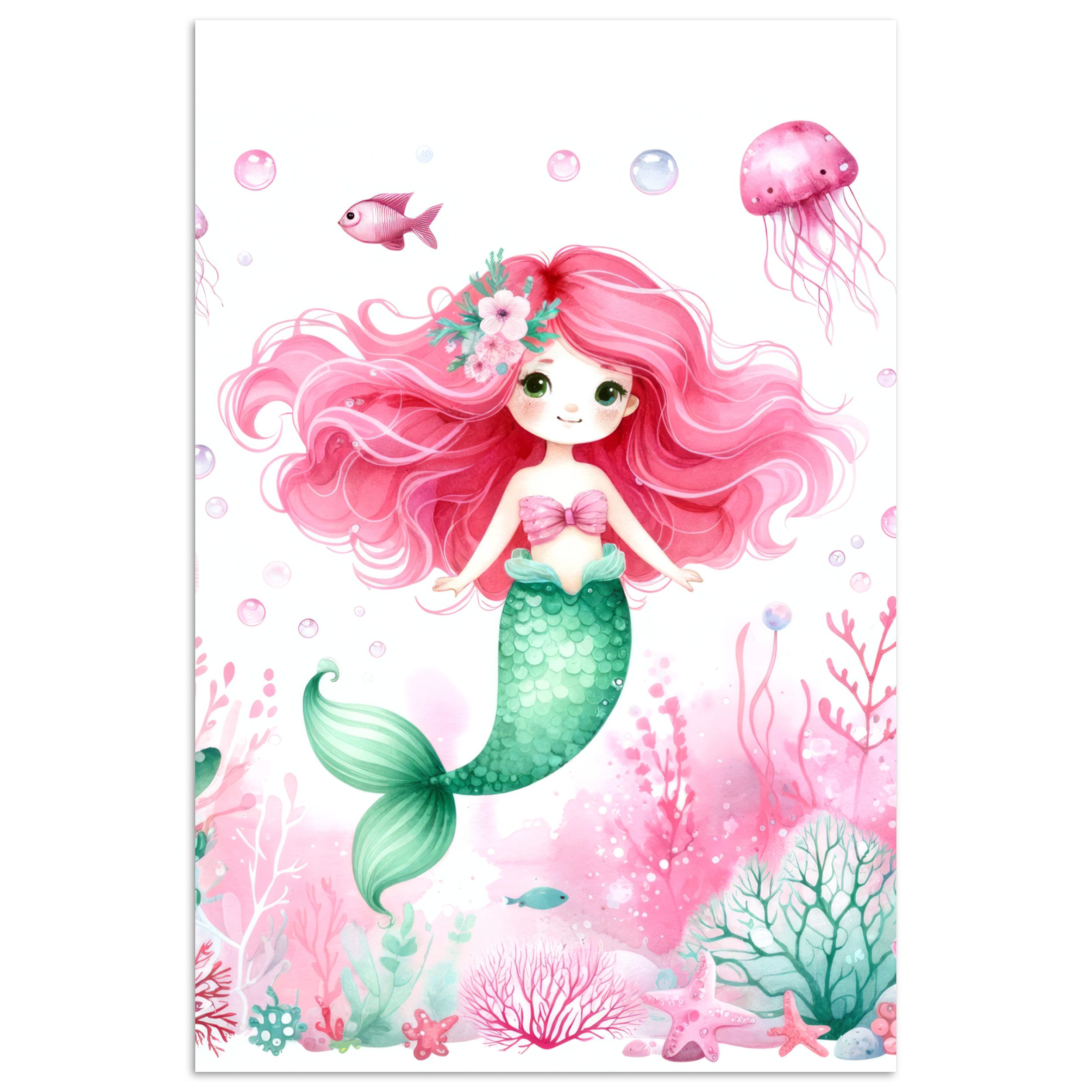 MuchoWow Poster Meerjungfrau - Rosa - Meerestiere - Unterwasser, (1 St), Wandbild, Wohnzimmer Deko, Qualitätsdruck Dickes Papier, 80x120 cm