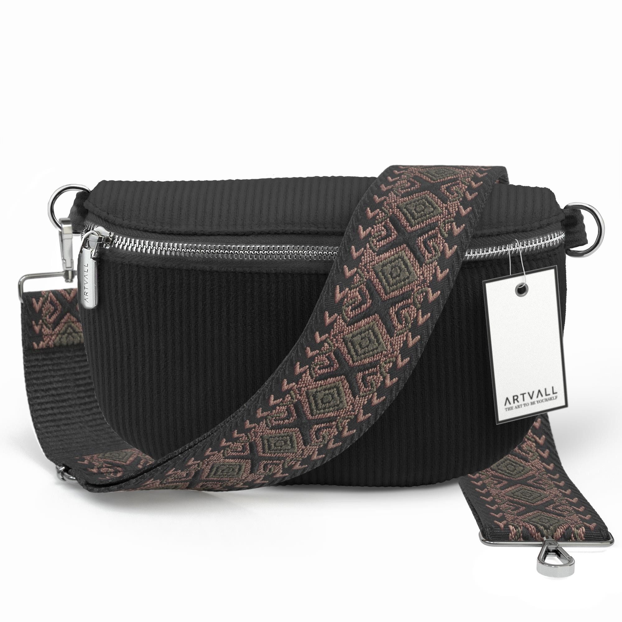 ARTVALL Umhängetasche Cord Handtasche Brusttasche Schultertasche Schwarz, Cord Bauchtasche Cordtasche Stoff weich abnehmbarer Taschengurt Klein