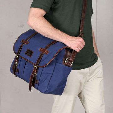 SID & VAIN Messenger Bag Canvas & Leder Umhängetasche Unisex CHASE, Laptoptasche 15,4 Zoll Echtleder, Businesstasche Damen Herren blau