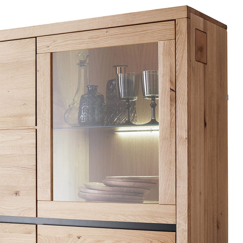 Lomadox Highboard WINCHESTER-69, Standvitrine Schrank 103 cm Eiche massiv geölt Hirnholz-Detail