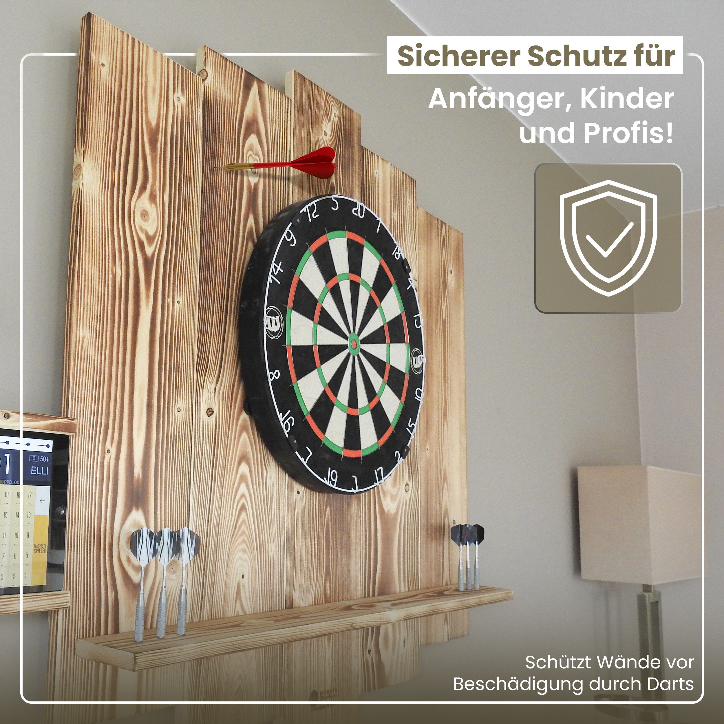 WDS Dartscheibe WOODEN Dartboard Surround, (Premium Dart-Wandschutz, Burned Look (Geflammt) oder Color Design), Optionaler Tablet-Halter – Bild 5 von 5