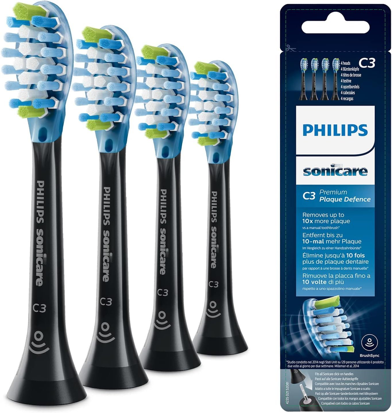 Philips Sonicare Щетки C3 Premium Plaque Defence, Spar-Set, für elektrische Zahnbürste, 4 Bürstenköpfe Schwarz mit Smart-Bürstenkopferkennung