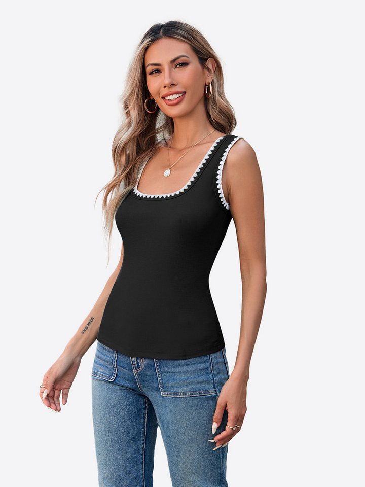 Imily Bela Tanktop Damen Gerippt kontrastierender Zickzack-Kante Quadratischer Kragen (Packung, 1-tlg., 1per-Pack) gehäkelt