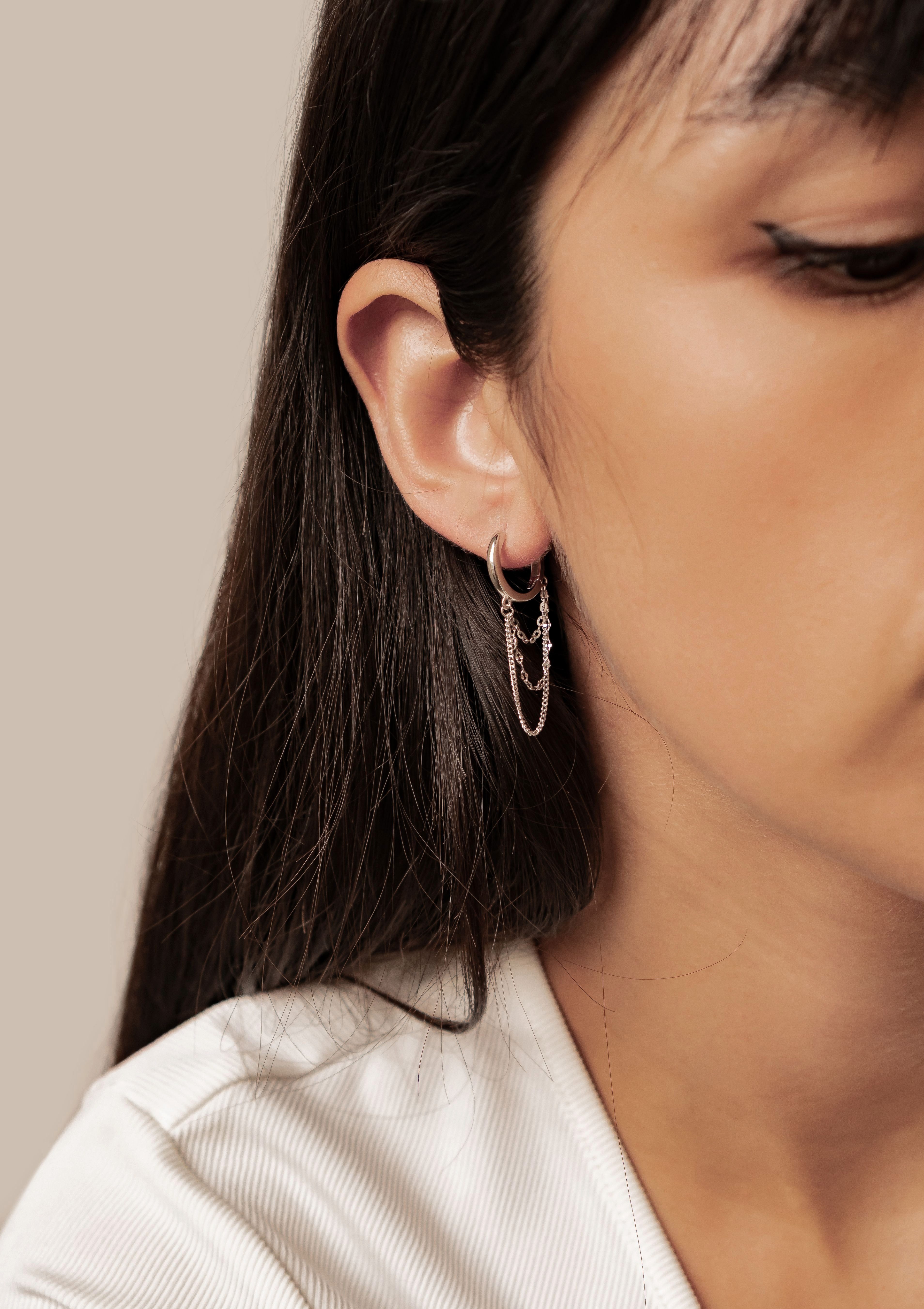 Hey Happiness Paar Ohrhänger Dreifache Kette & Creole, Moderne Damen Creolen 925 Silber, vergoldet