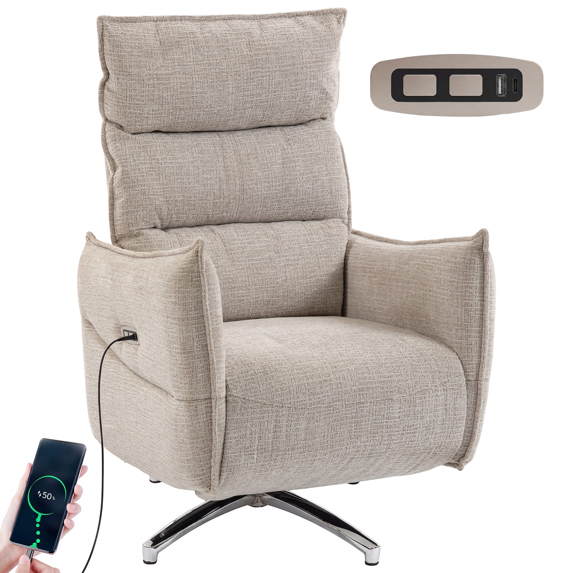 HOMCOM Relaxsessel TV Sessel Fußstütze (Set, 1-St., 1), Elektrische Verstellung und USB-Ladeanschluss