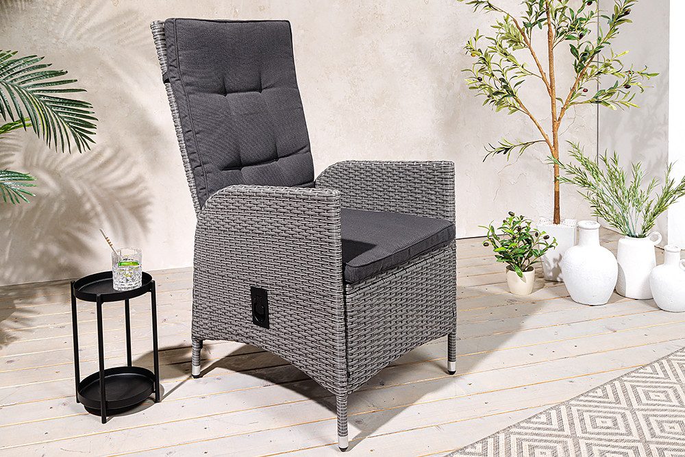 riess-ambiente Gartenstuhl SYLT grau - Outdoor-Stoff, Rattan, Armlehne, inkl. Kissen, wetterfest (Einzelartikel, 1 St), mit verstellbarer Rückenlehne - ideal für Terrasse, Balkon oder Garten