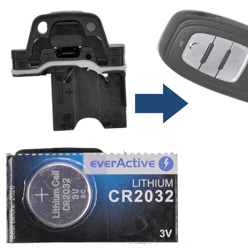 mt-key Auto Schlüssel Batteriehalter Clip Reparatur Set + 1x passende CR2032 Knopfzelle, CR2032 (3 V), für Audi Q3 Q5 A4 S4 A5 S5 R8 TT Funk Fernbedienung