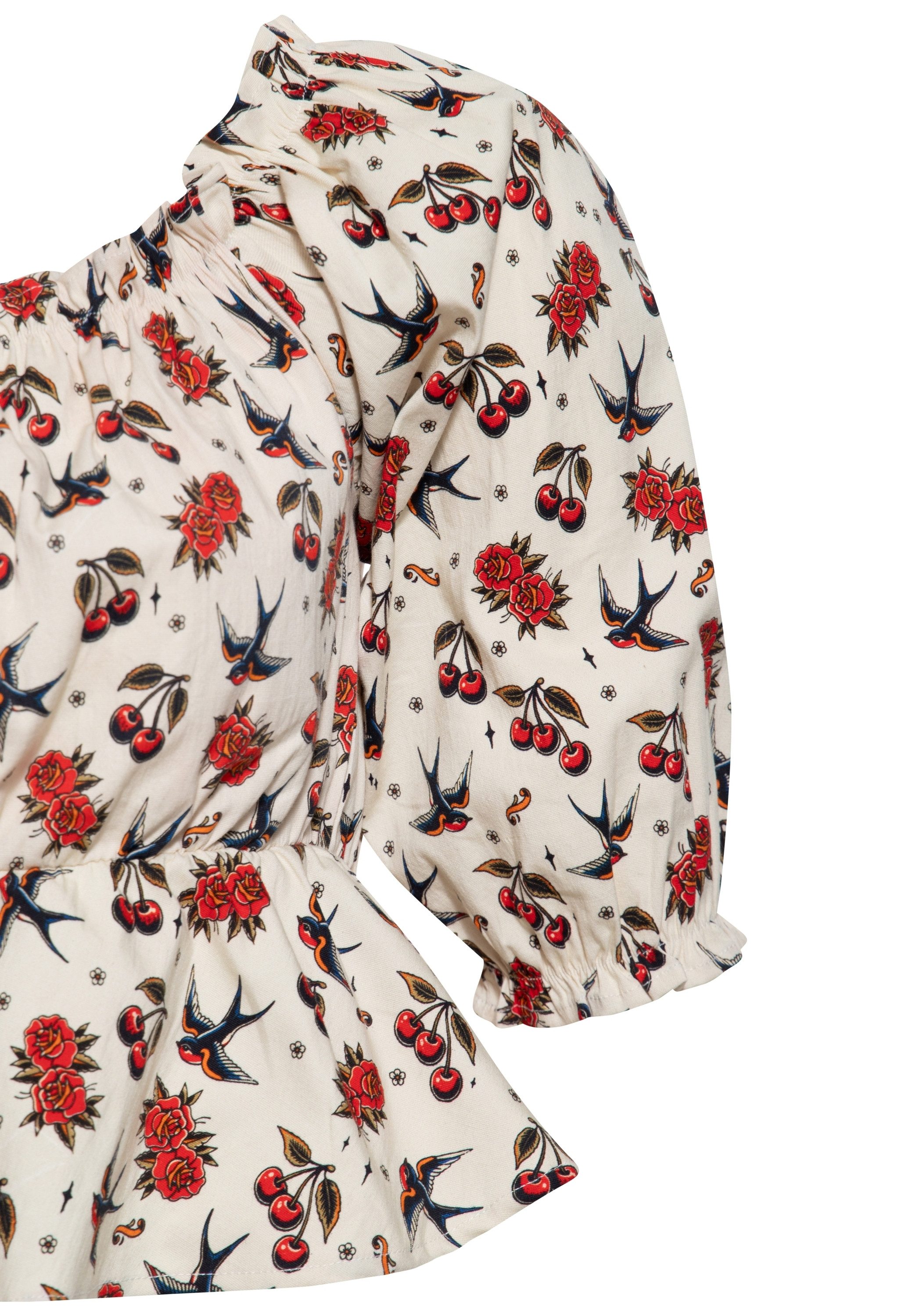 QueenKerosin Kurzarmbluse Cherries & Roses mit Oldschool-Tattoo-Motiven