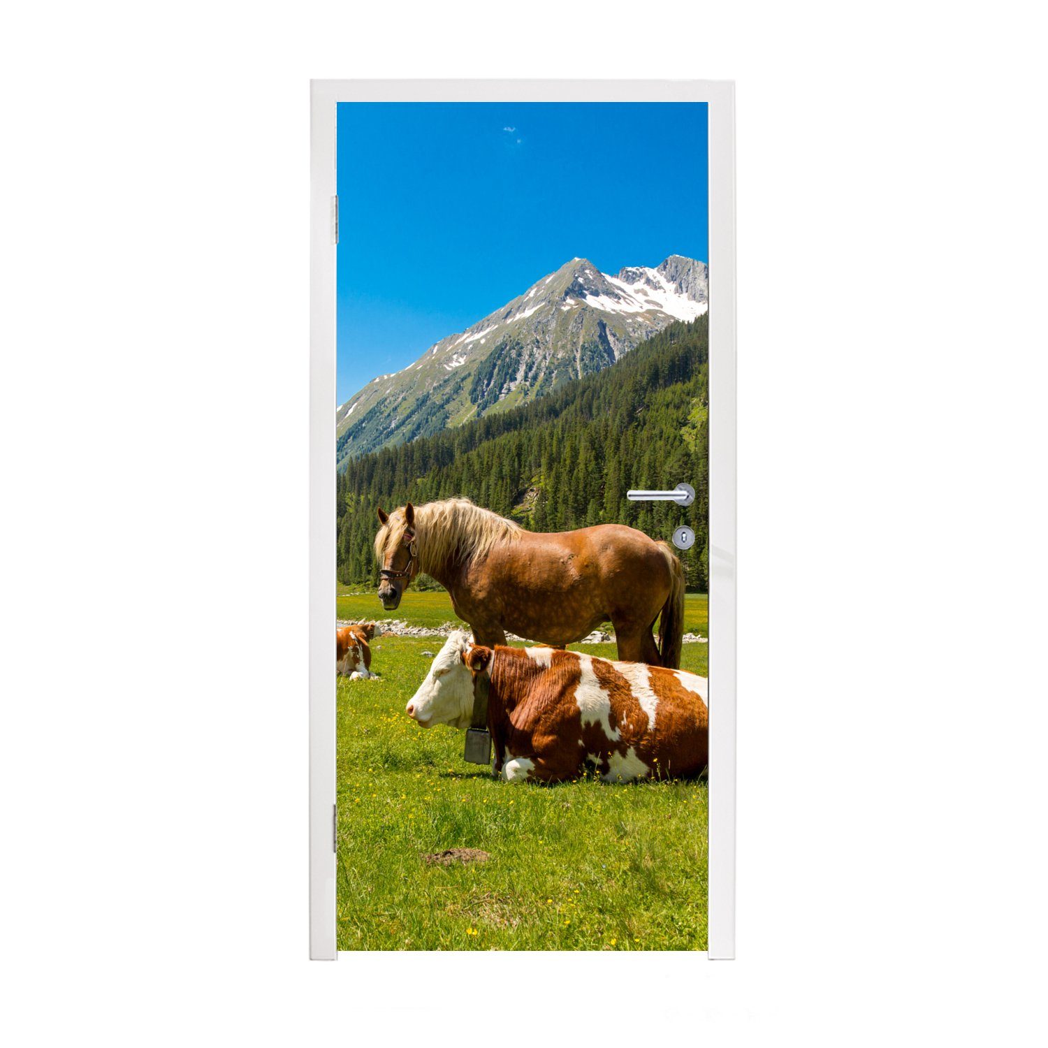 MuchoWow Türtapete Kühe Tür, für - Fototapete St), Matt, bedruckt, cm - Türaufkleber, Alpen, Pferde (1 75x205
