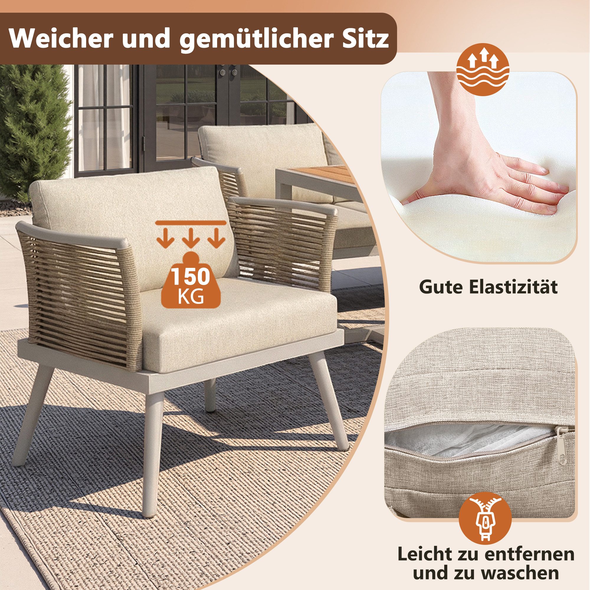 Odikalo Gartenlounge-Set L-förmiges Gartenmöbel Set Gartensitzgruppe mit geflochtenen Armlehnen, (Wetterfeste Eckgarnitur aus Eisen / Inkl. Holz-Couchtisch & Sessel / Mit Polstern & Kissen)