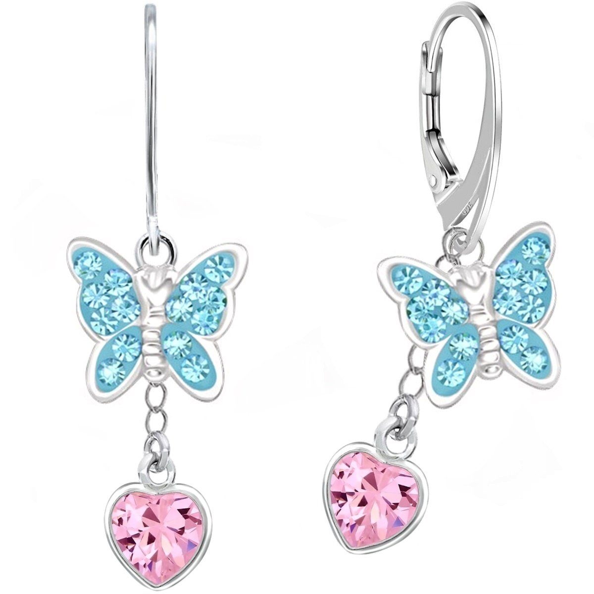 Goldene Hufeisen Paar Ohrhänger Schmetterling mit Rosa Herz Zirkonia Ohrringe 925 Silber (1 Paar, inkl. Etui), Handgefertigt Blau | Ohrhänger