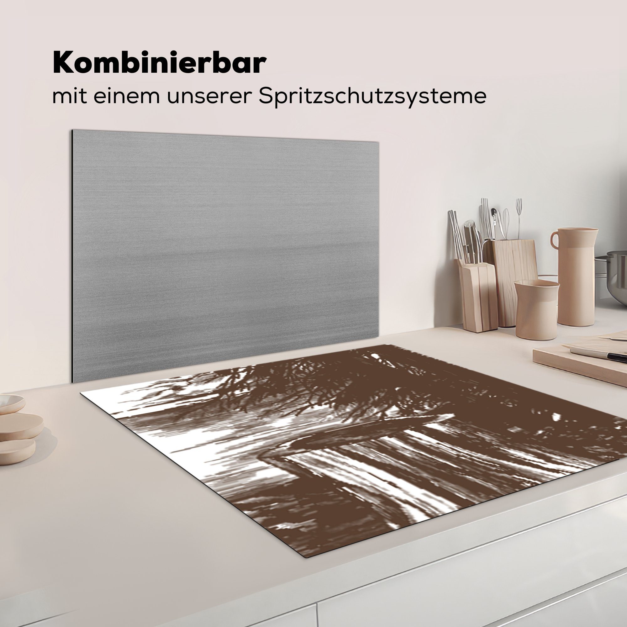 küche (1 - Meer Vinyl, 78x78 Ceranfeldabdeckung, Herdblende-/Abdeckplatte Baum Arbeitsplatte - tlg), cm, Illustration, für MuchoWow