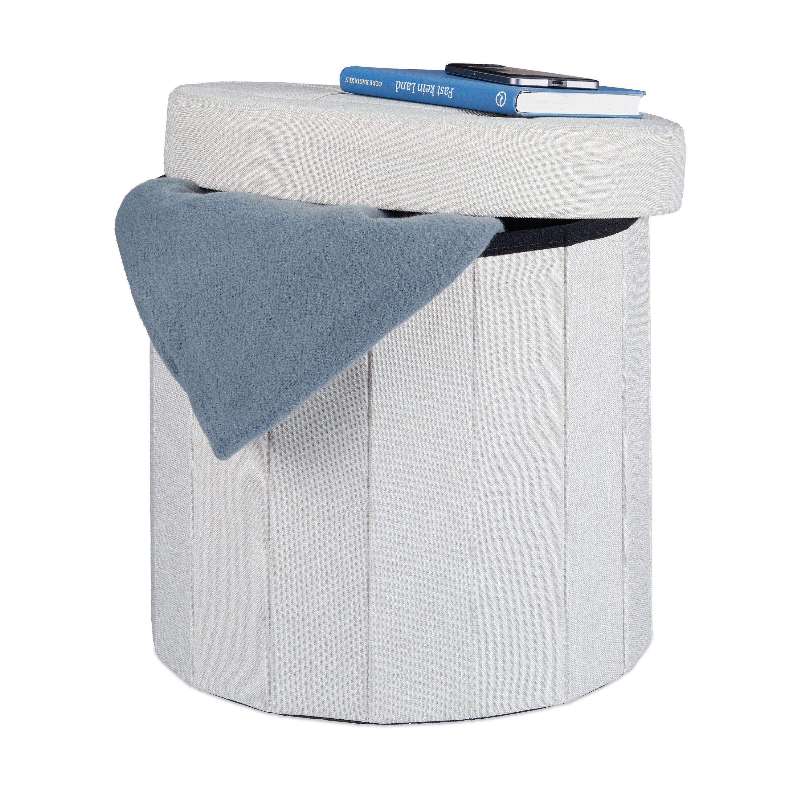relaxdays Sitzhocker mit Stauraum Größe M rund, Creme günstig online kaufen