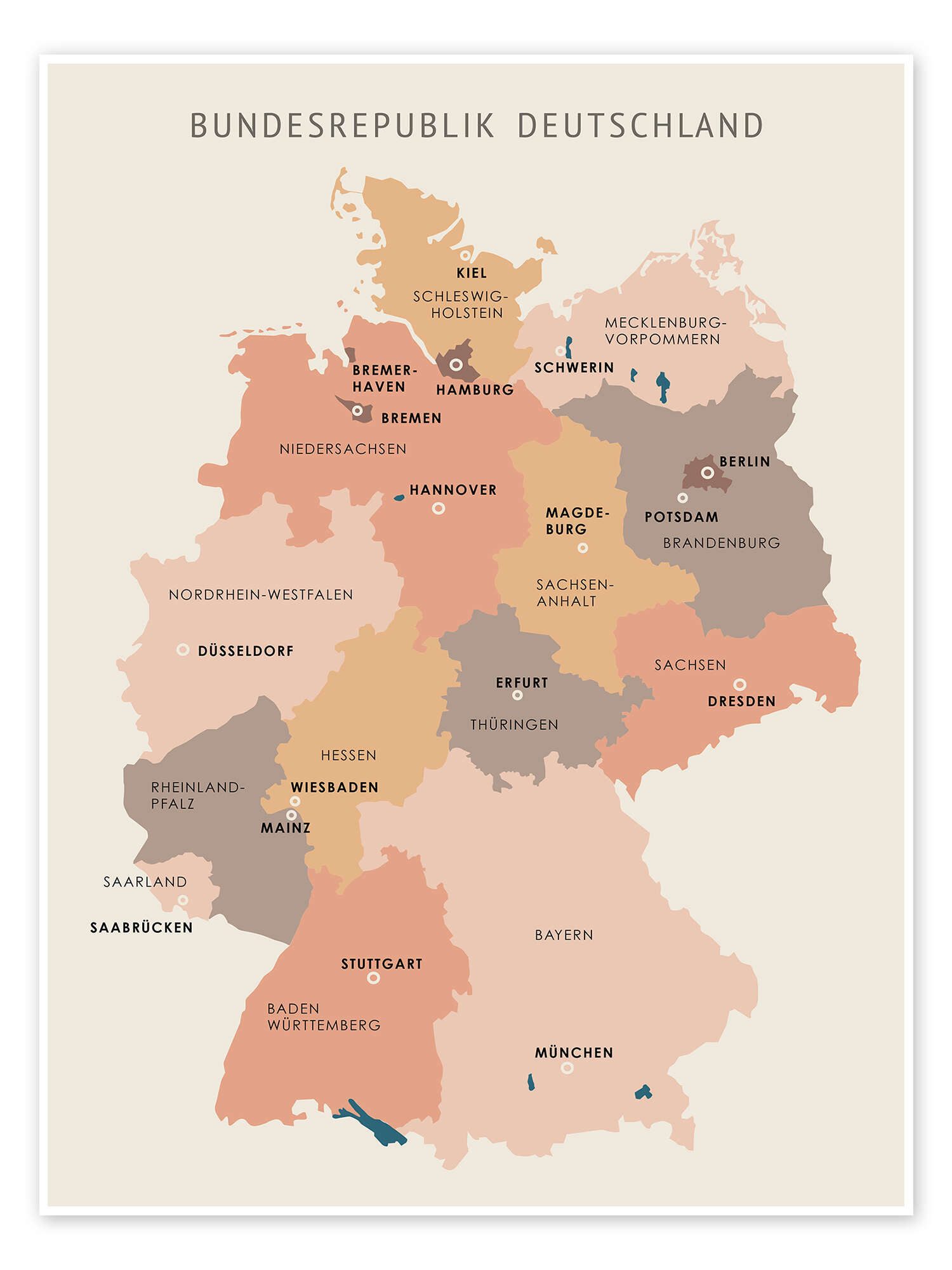 Posterlounge Wandbild Bundesländer und Hauptstädte der Bundesrepublik Deutschland, Editors Choice, erhältlich als Poster, Leinwandbild, Wandsticker oder Acrylglasbild