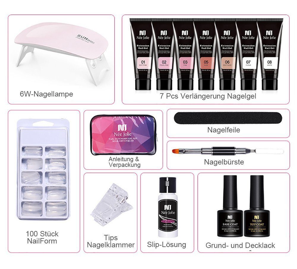 KINSI Lichthärtungsgerät Nagellack-Set 15ml 7 Farben Nagelverlängerung Set 16 Stück, Nagelwerkzeuge, Nagellampe