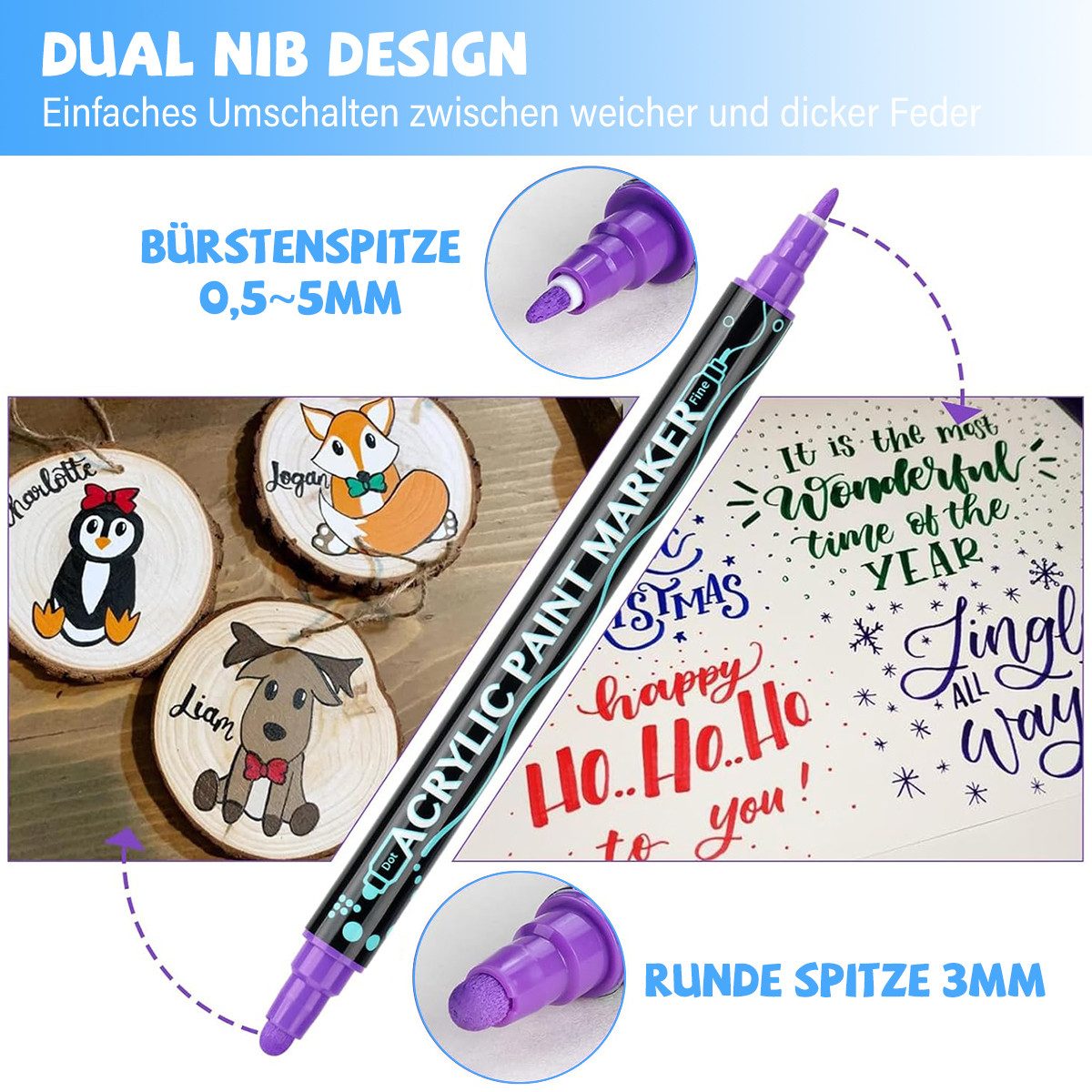 MOPUEA Lackmarker Acrylstifte Wasserfest leuchtende Farben Dual Tip Marker Stifte, (36-tlg., Wasserbasierte Acrylfarbe, Flexible Marker mit runder Spitze), für Papier,Leinwand, Glas, Keramik, Holz - Ideal zum Basteln,Bemalen