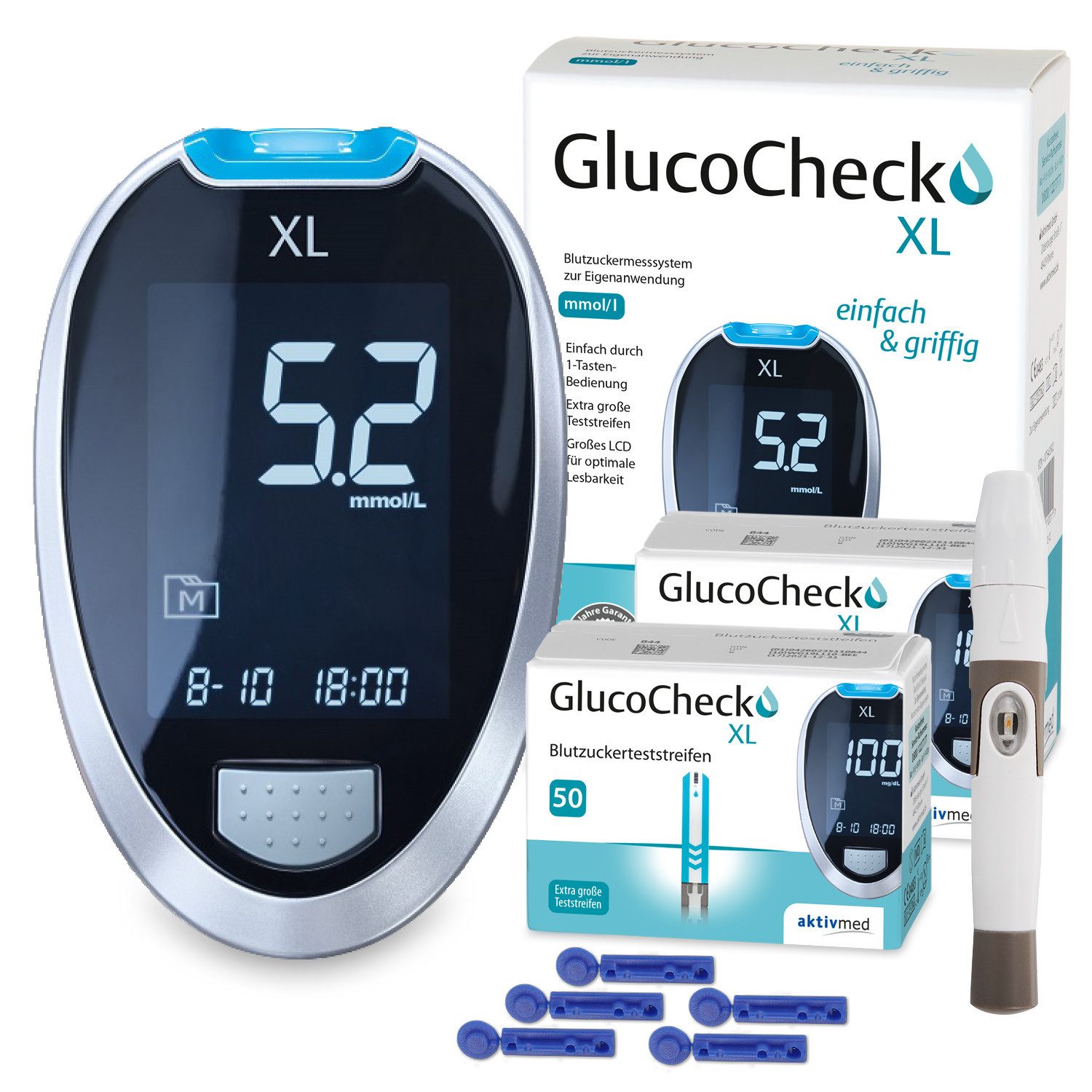 Blutzucker-Teststreifen GlucoCheck XL Starter-Set mit 110 Blutzuckerteststreifen mmol/l