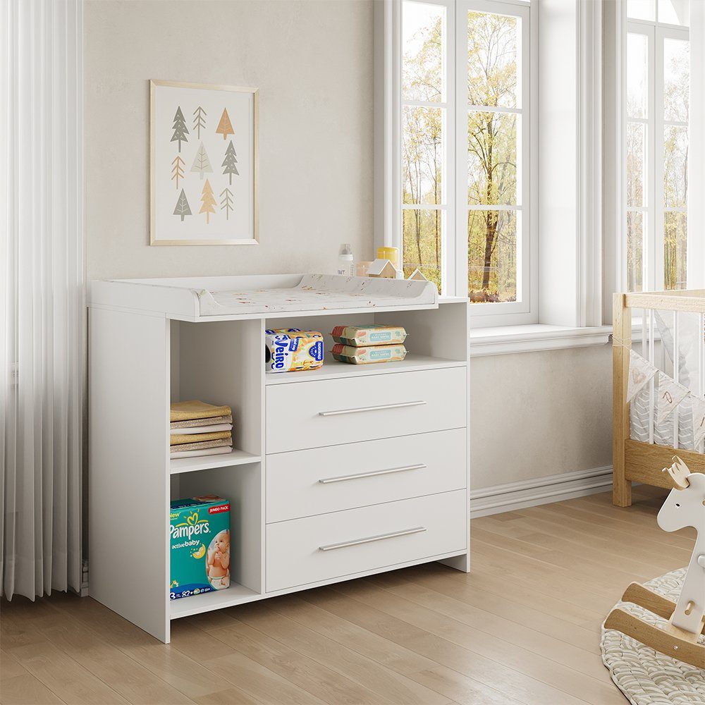 Vicco Wickelkommode Paula, Weiß/Weiß, 110 x 93.5 cm mit Wickelaufsatz
