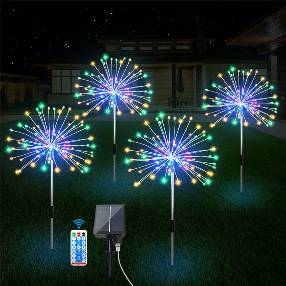 für Weihnachten Garten Solar, Feuerwerk wasserdicht, LED-Lichterkette Multicolor 8 dimmbar, modi, LED DIY Deko Rosnek Timer, Stück, Rasen, 4 Lichter, Hof