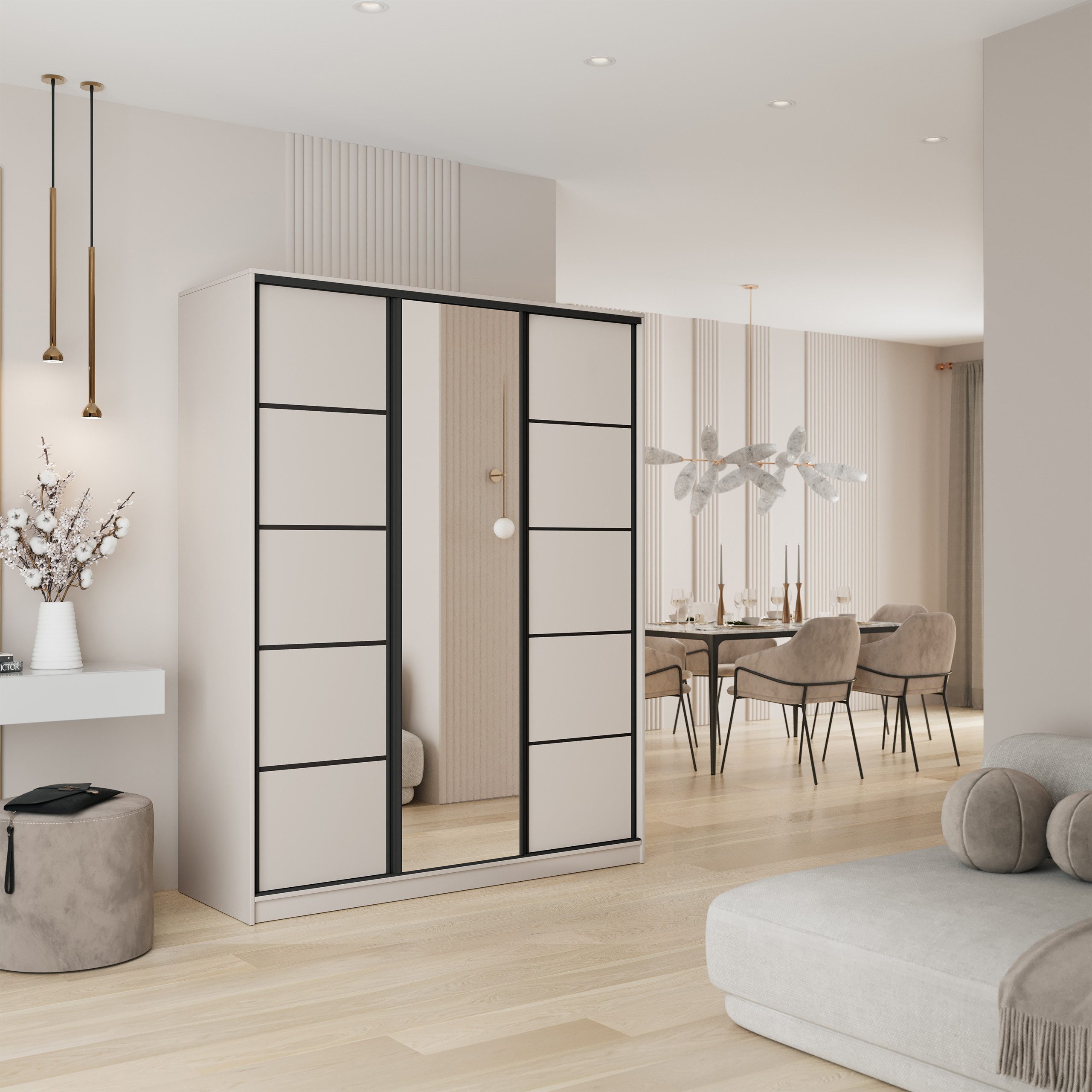 Masseno Schwebetürenschrank PINA 150 cm Kleiderschrank mit Spiegel 3 Türen Kaschmir