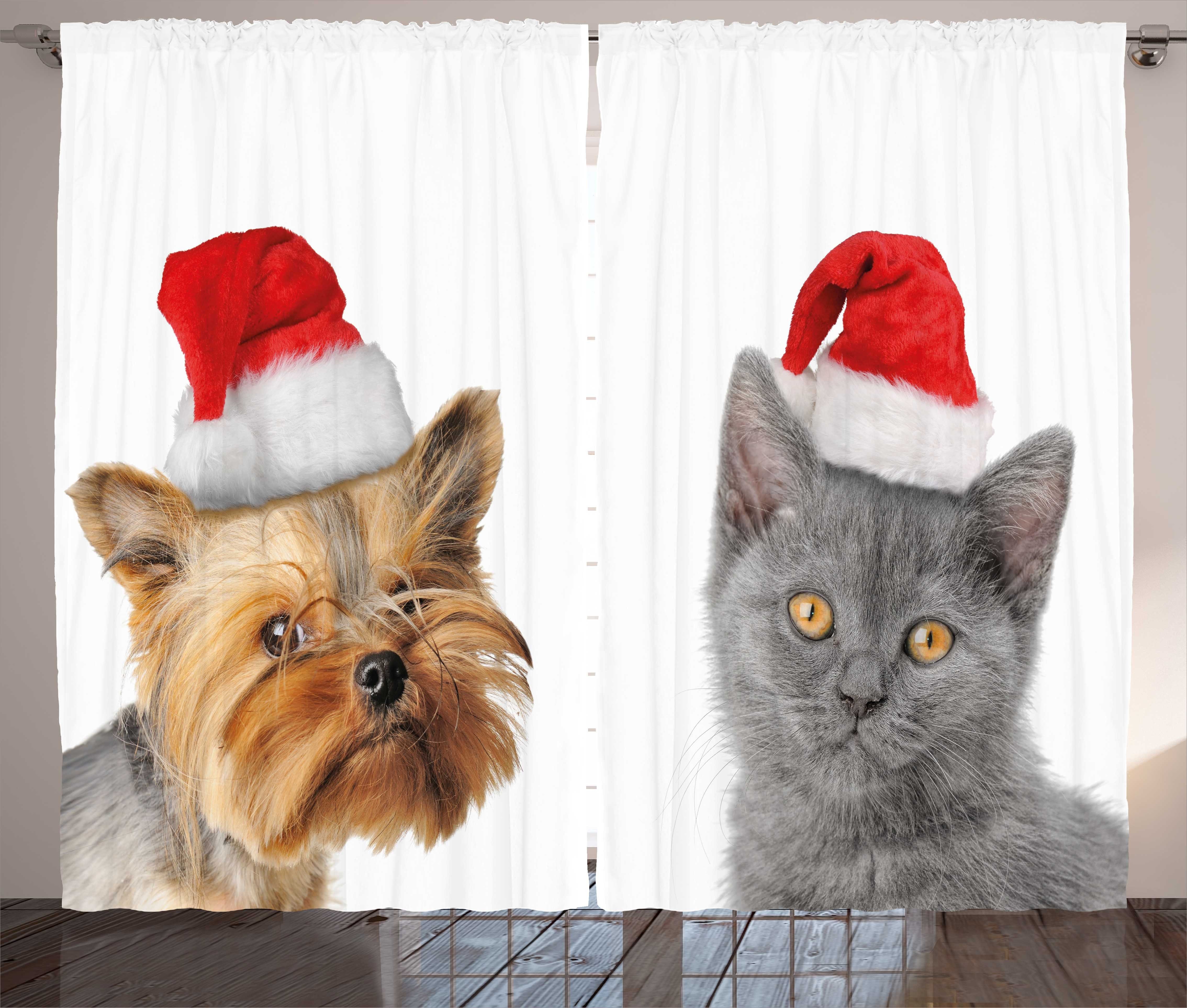 und Schlafzimmer Kräuselband Weihnachtsmütze Abakuhaus, Vorhang Weihnachten Gardine Haken, Schlaufen Hund Katze mit