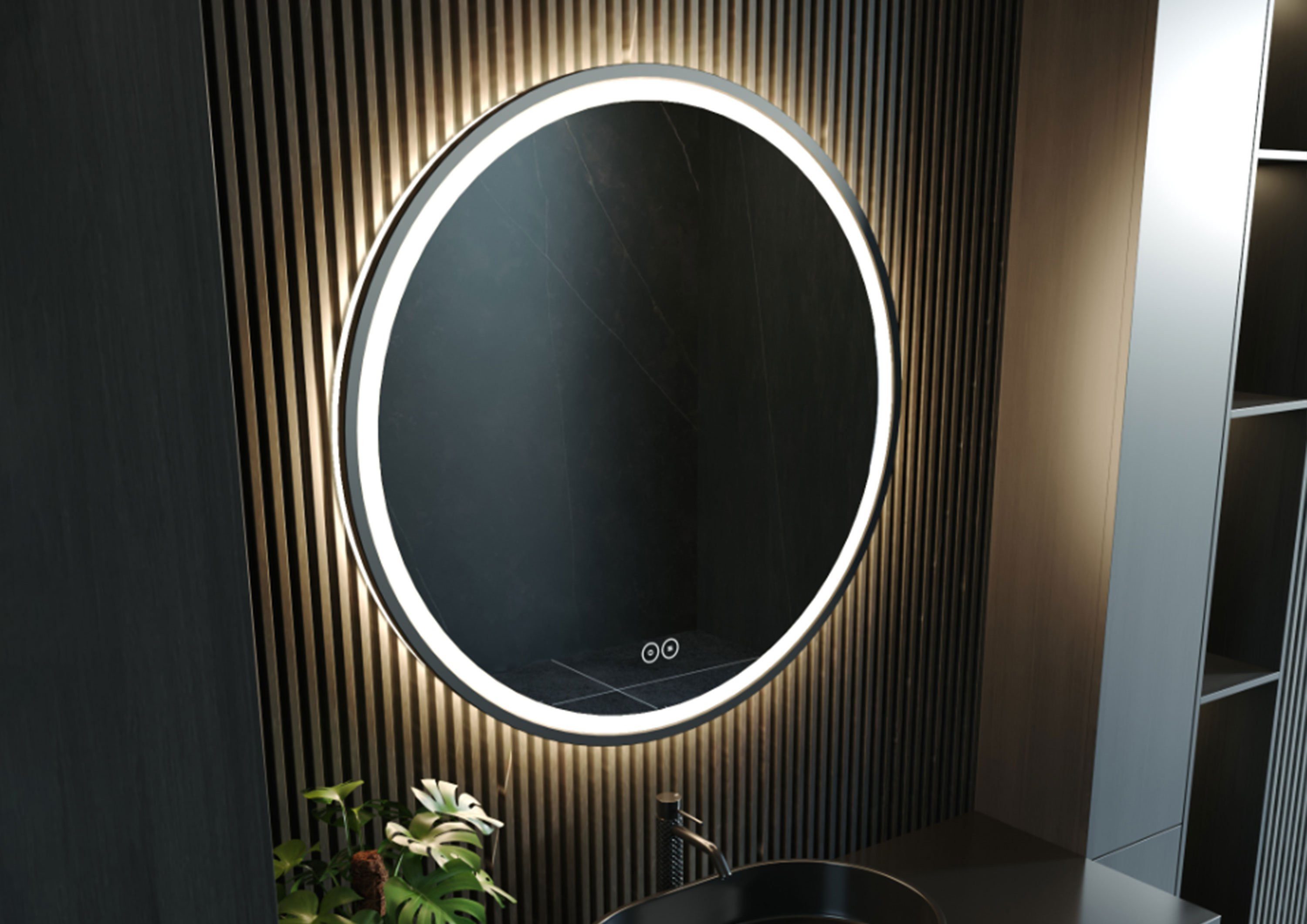 Intarbad LED-Lichtspiegel Design LED-Lichtspiegel Rund 90cm Ø mit schwarzem Rahmen