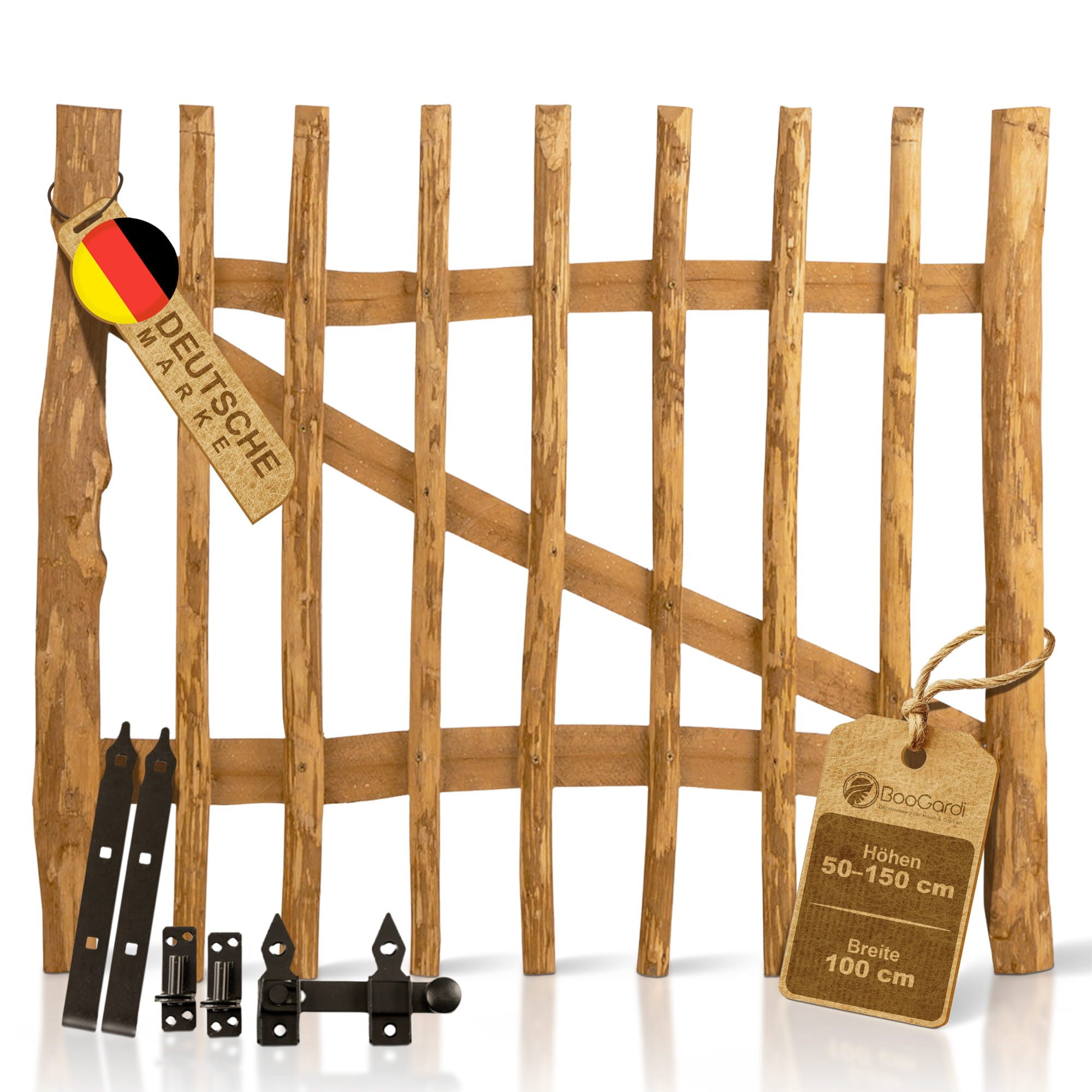 BooGardi Gartentor Holztor Haselnuss für Staketenzaun 100cm breit, (50 cm hoch x 100 cm breit · 7-9 cm Lattenabstand in 14 Größen), Gartentür für Holzzaun · Garten · Zaun · Tor · Holz