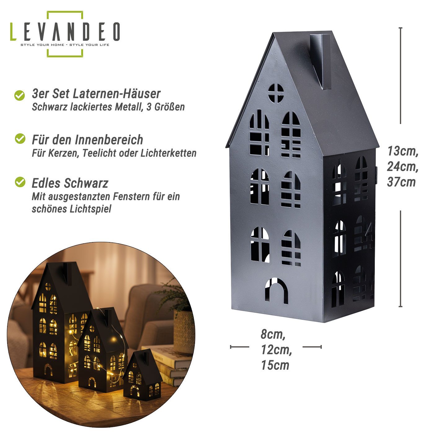 Levandeo® Kerzenlaterne, 3er Set Laterne Haus H13-37cm Metall Schwarz Deko günstig online kaufen
