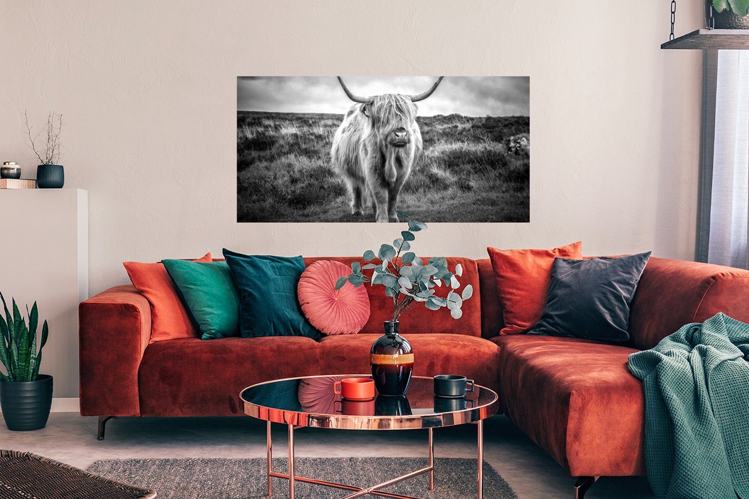 MuchoWow Poster Schottischer Hochländer - Tiere - Wolken - Kuh - Natur, (1 St), Bild für Wohnzimmer, Schlafzimmer, Wandposter, Ohne Rahmen, Wanddeko