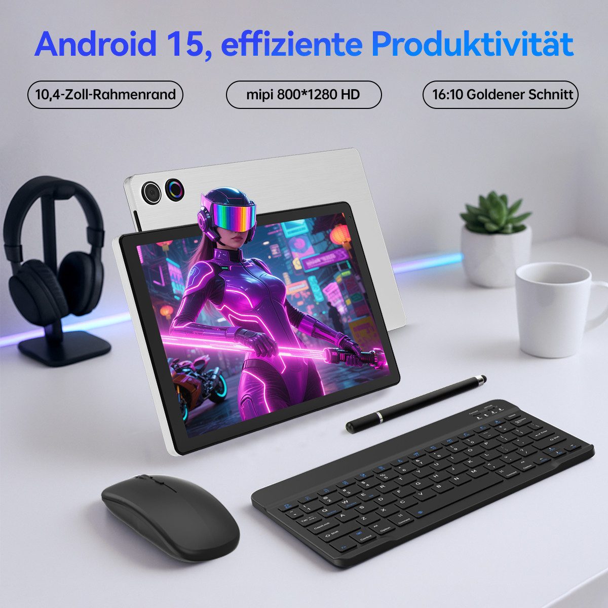 Happybe 10,4’’ Android, 128GB, HD 1280x800, Widevine L1, 5G/2,4G WiFi, 5000mAh Tablet (10,4", 128 GB, Android, WiFi 6, Android 15, Octa-Core-Prozessor, mit Tastatur/Maus/Stift)
