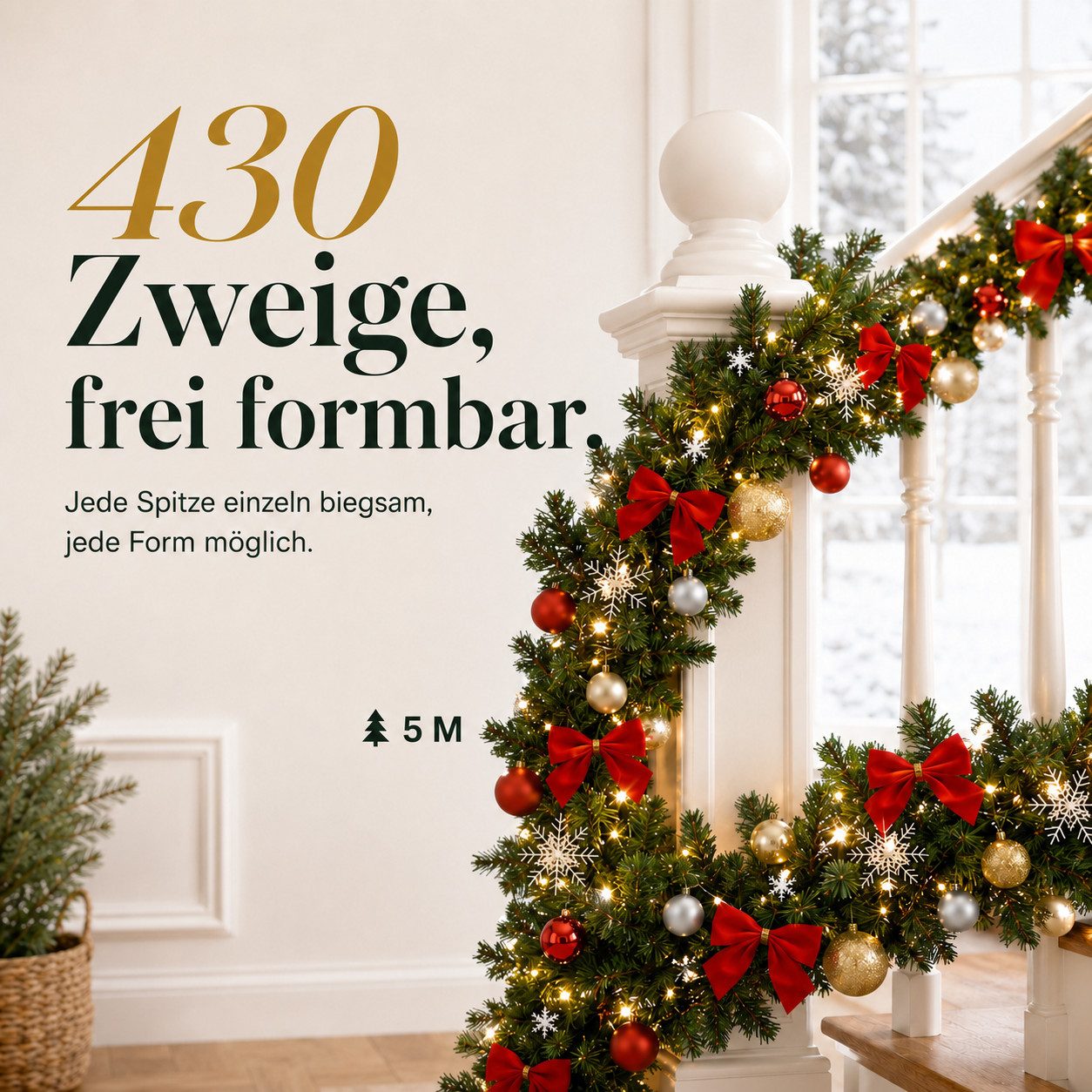 Kunstgirlande Weihnachtsgirlande mit Licht 5m 10m mit 200 LEDs, Onbest, Eiskristalle, Schleifen, GRATIS 5 Karten, Weihnachts Girlande Deko – Bild 5 von 5