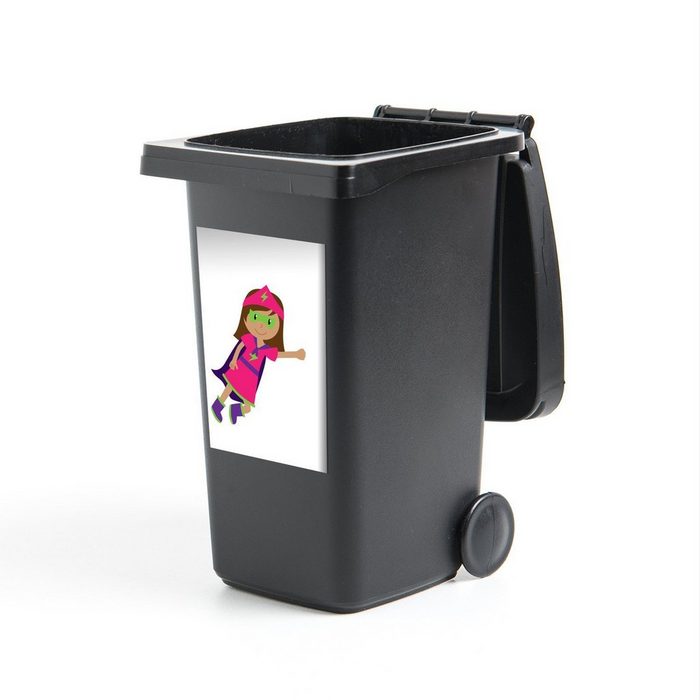 MuchoWow Wandsticker Illustration eines Kindes als Superheld der in der Luft fliegt vor (1 St) Mülleimer-aufkleber Mülltonne Sticker Container Abfalbehälter