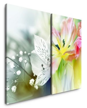 Sinus Art Leinwandbild 2 Bilder je 60x90cm Blumen Frühling Weiße Blüte Sommerwiese Makro Fotokunst