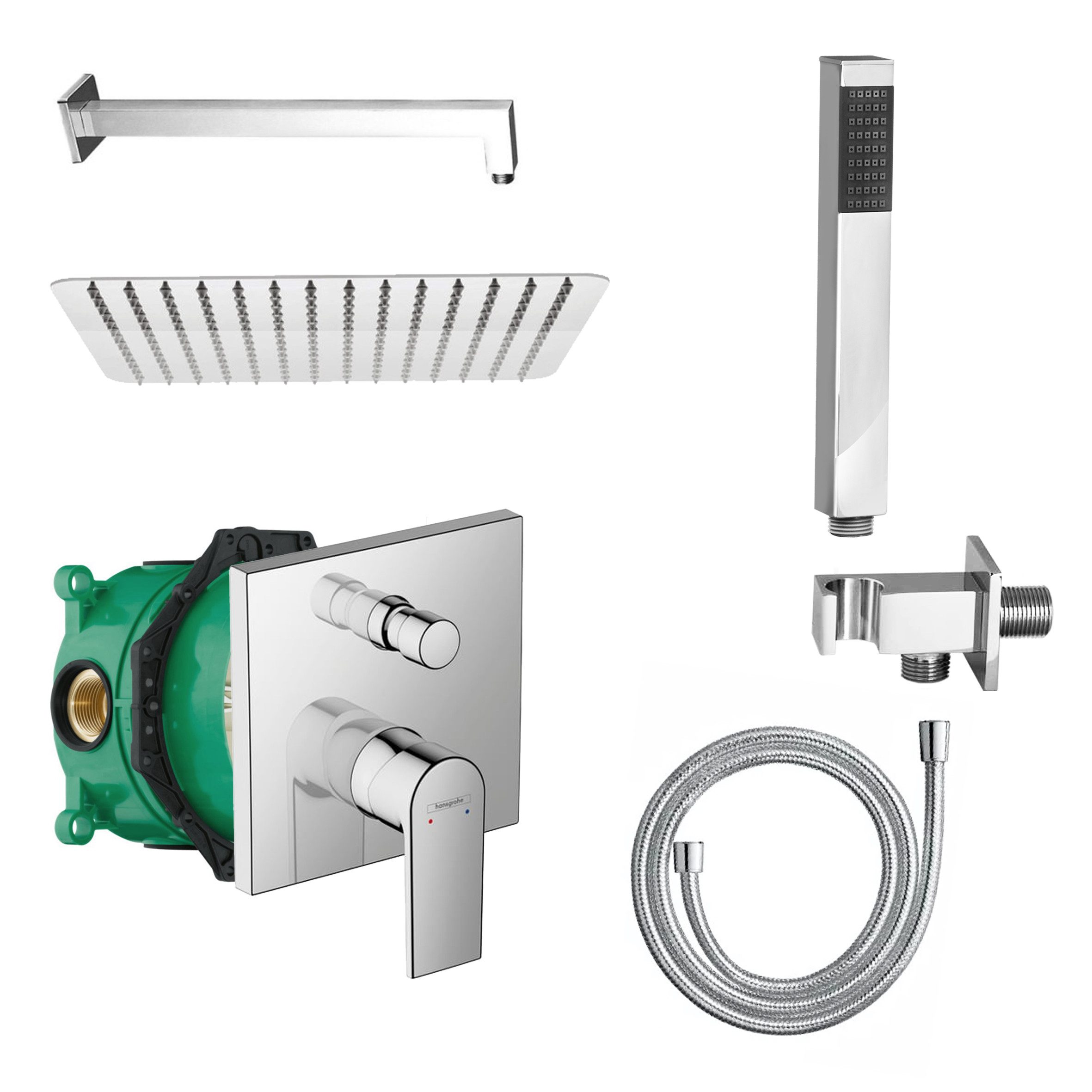 Belvit Duscharmatur Duschset mit Hansgrohe Unterputz-Wannenmischer, Chrom & Matt-Schwarz (Spar-Set, Verschiedene Setgrößen) für Dusche & Wanne, einfache Montage, Anti-Kalk-Funktion Handbrause