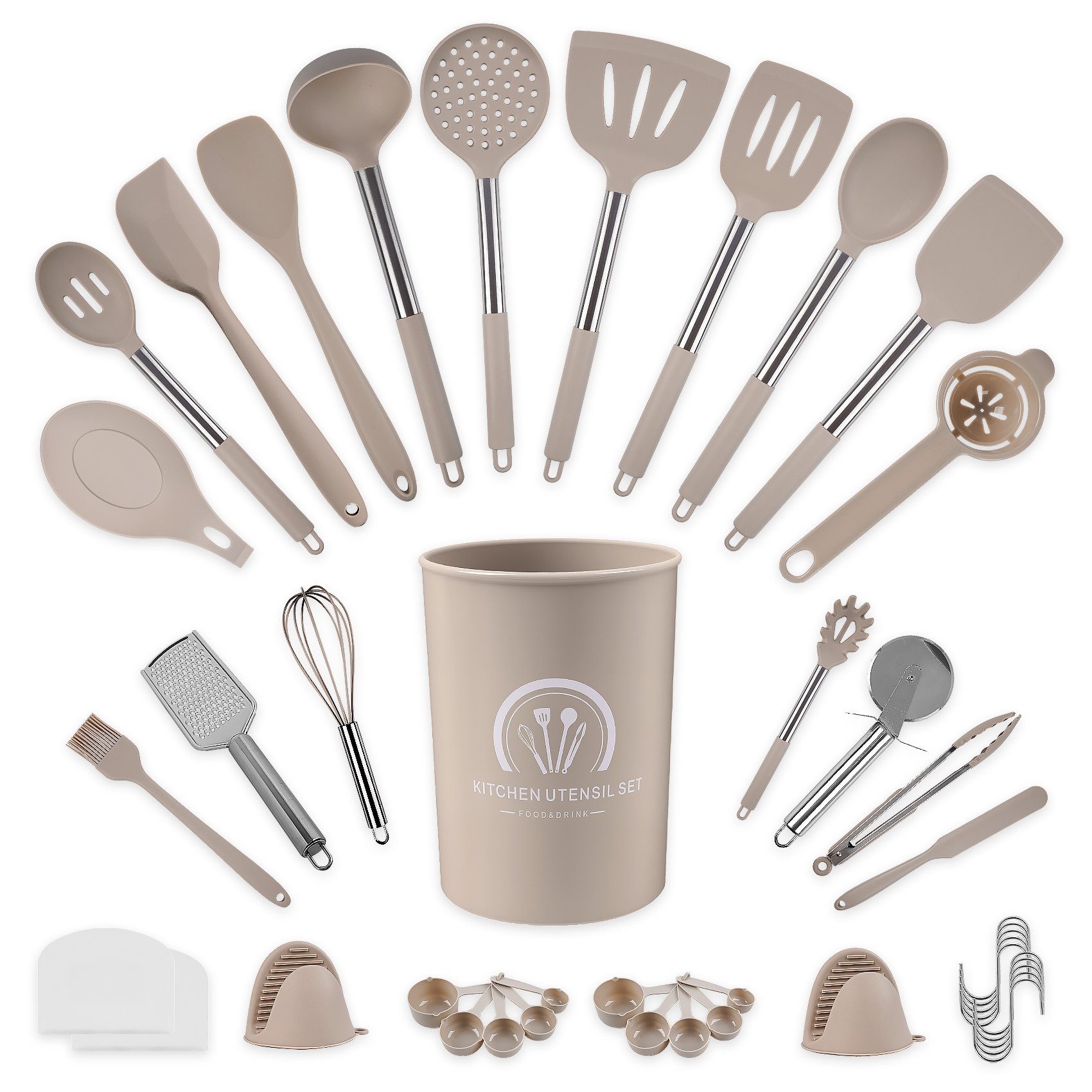 ElitVita Поварские наборы-Set 45 Silikon Küchenhelfer, Edelstahl Griff, mit Spatel Suppenkelle (45-tlg., Spatel, Suppenlöffel, Bratspatel, Puderkralle, Lebensmittelklammer), Mit Снегоочистители Bratspatel Utensilienhalter Aufhängeschlaufe