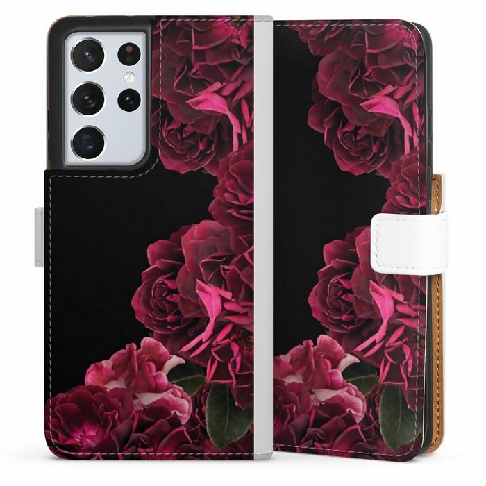 DeinDesign Handyhülle Rose Vintage pink Vintage Rosen auf Schwarz Samsung Galaxy S21 Ultra 5G Hülle Handy Flip Case Wallet Cover