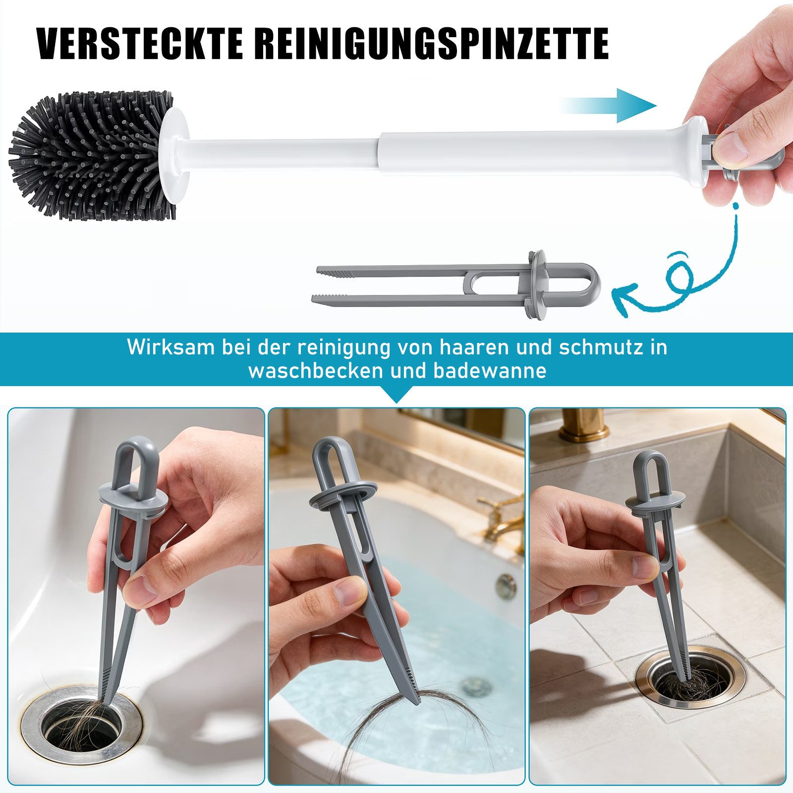 HUGERSTONE WC-Reinigungsbürste Klobürste Set mit Toilettenbürstenhalter Stehend und Fugenbürste, (Set, 3-tlg, WC Bürste Set mit Versteckter Pinzette), Geeignet  – Bild 4 von 5