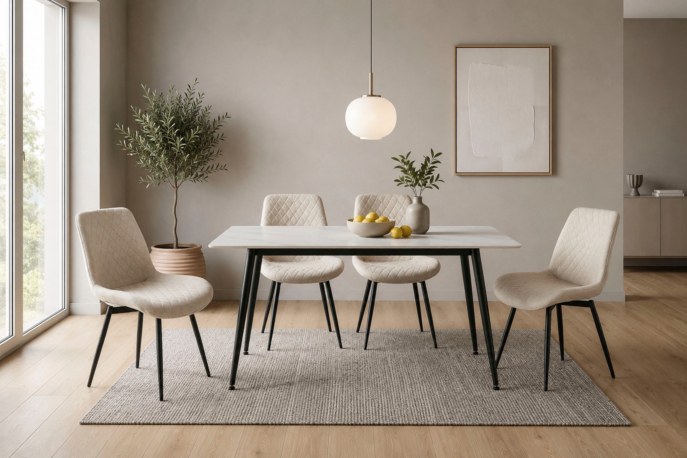 OTTO home Essgruppe Juniper, Set, 5-tlg., (Set, 5-tlg., 4 Stühle + 1 Esstisch), Tisch 140x80cm in Sinterstein-Keramikoptik mit 4 Stühlen, 360° drehbar