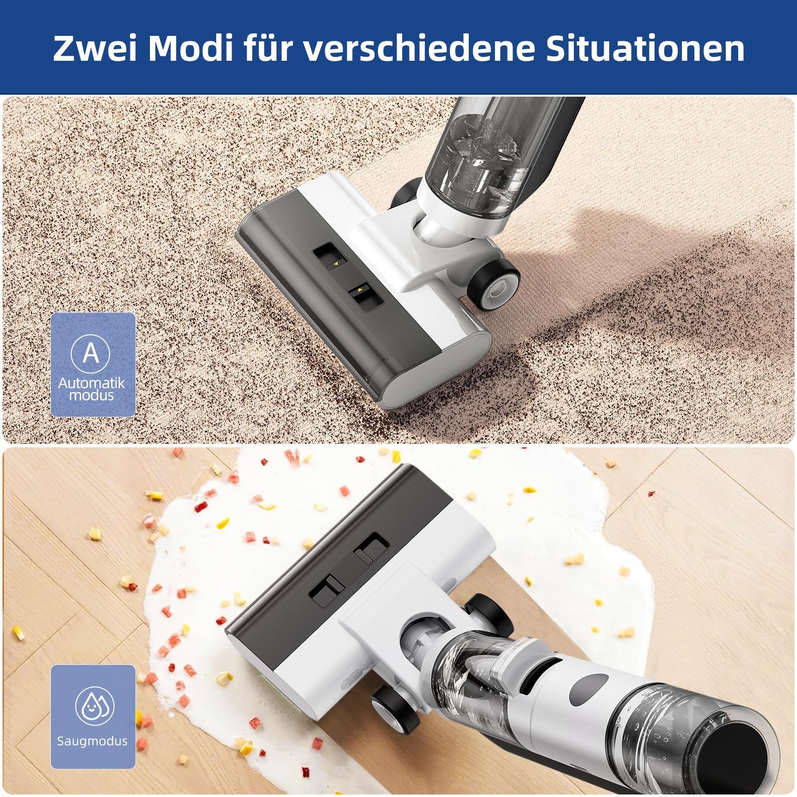 JONR Nass-Trocken-Akkusauger ED12 kabellos - 3-in-1 Wischsauger mit smarter Selbstreinigung, 200,00 W, Anti-Haarverwicklung, 200W Leistungsstarker Akku-Saugwischer für Hartböden & Tierhaare, 6mm ultranahe Kantenreinigung, 850ml großer Wassertank